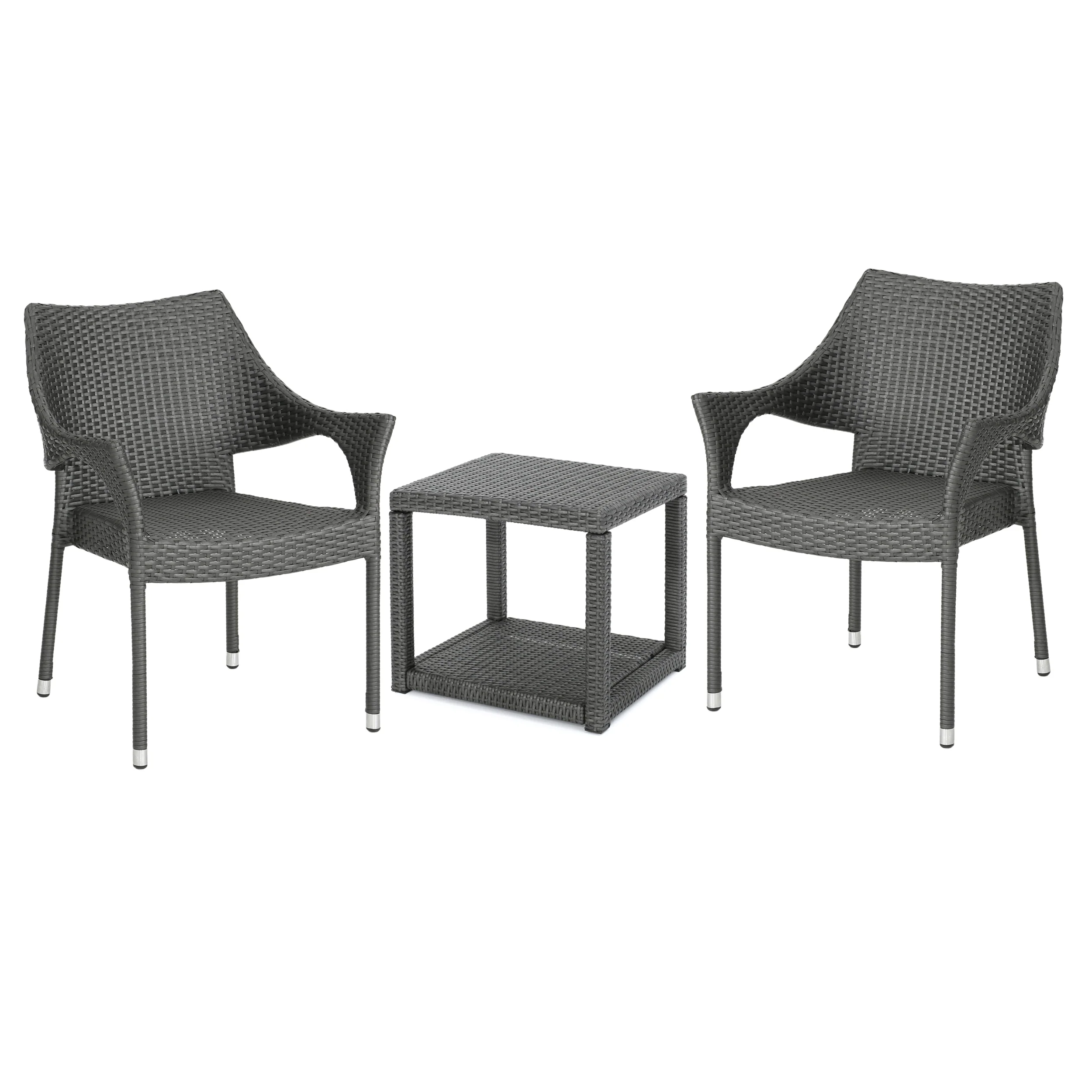 Alfheimr Outdoor 3 Piece Grey Wicker Stacking Chair Chat Set - furnishings