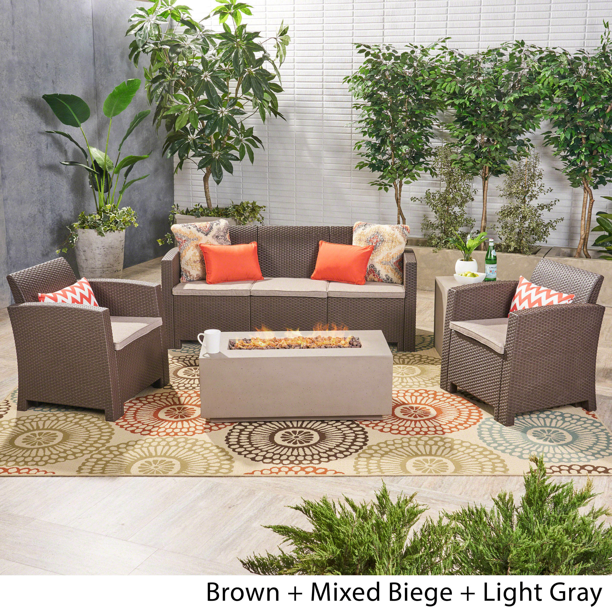 Clay Outdoor 5-Seater Wicker Print Chat Set with Fire Pit and Tank Holder - furnishings