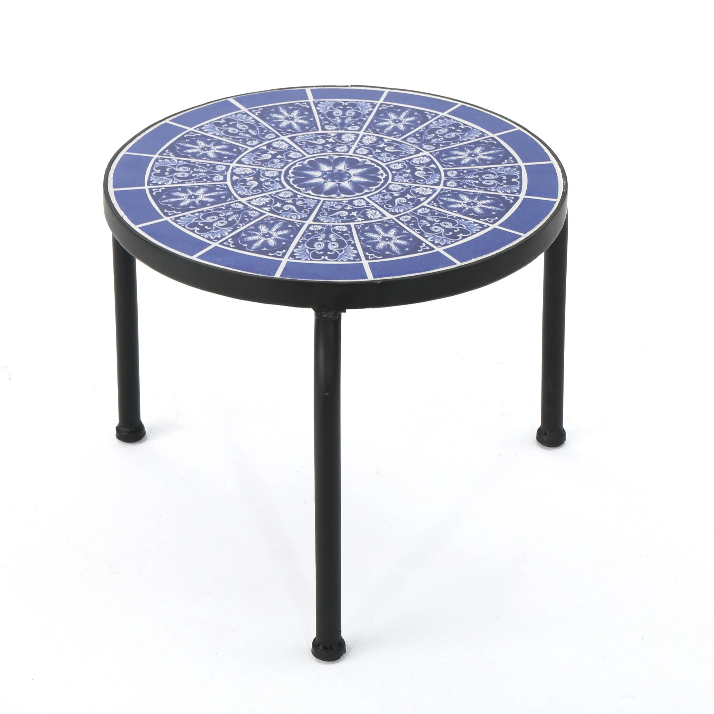 Soleil Outdoor Blue & White Ceramic Tile Iron Frame Side Table - furnishings