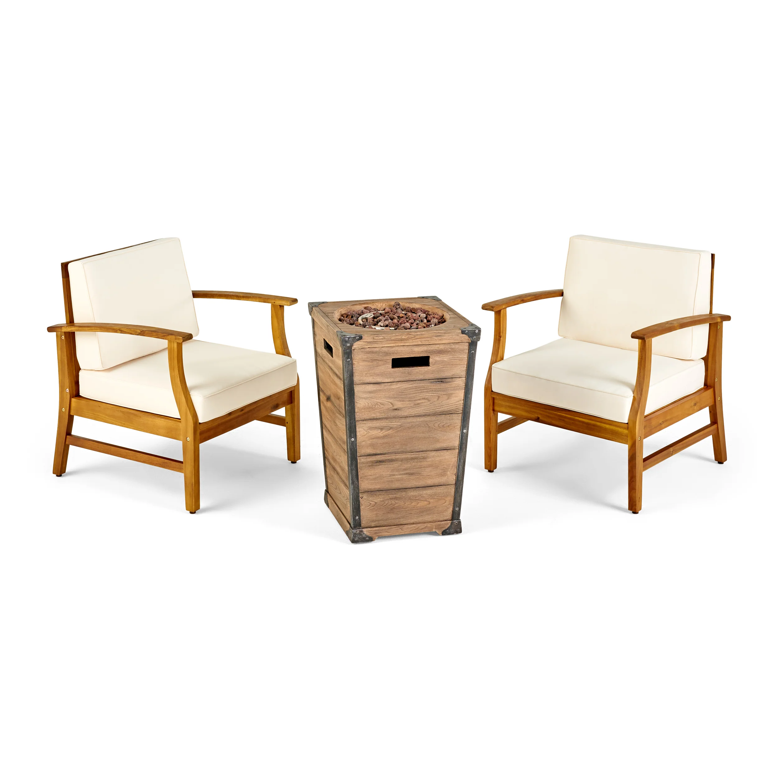 Capri Outdoor 2 Piece Acacia Wood Club Chair Set with Cushions and Fire Column - furnishings