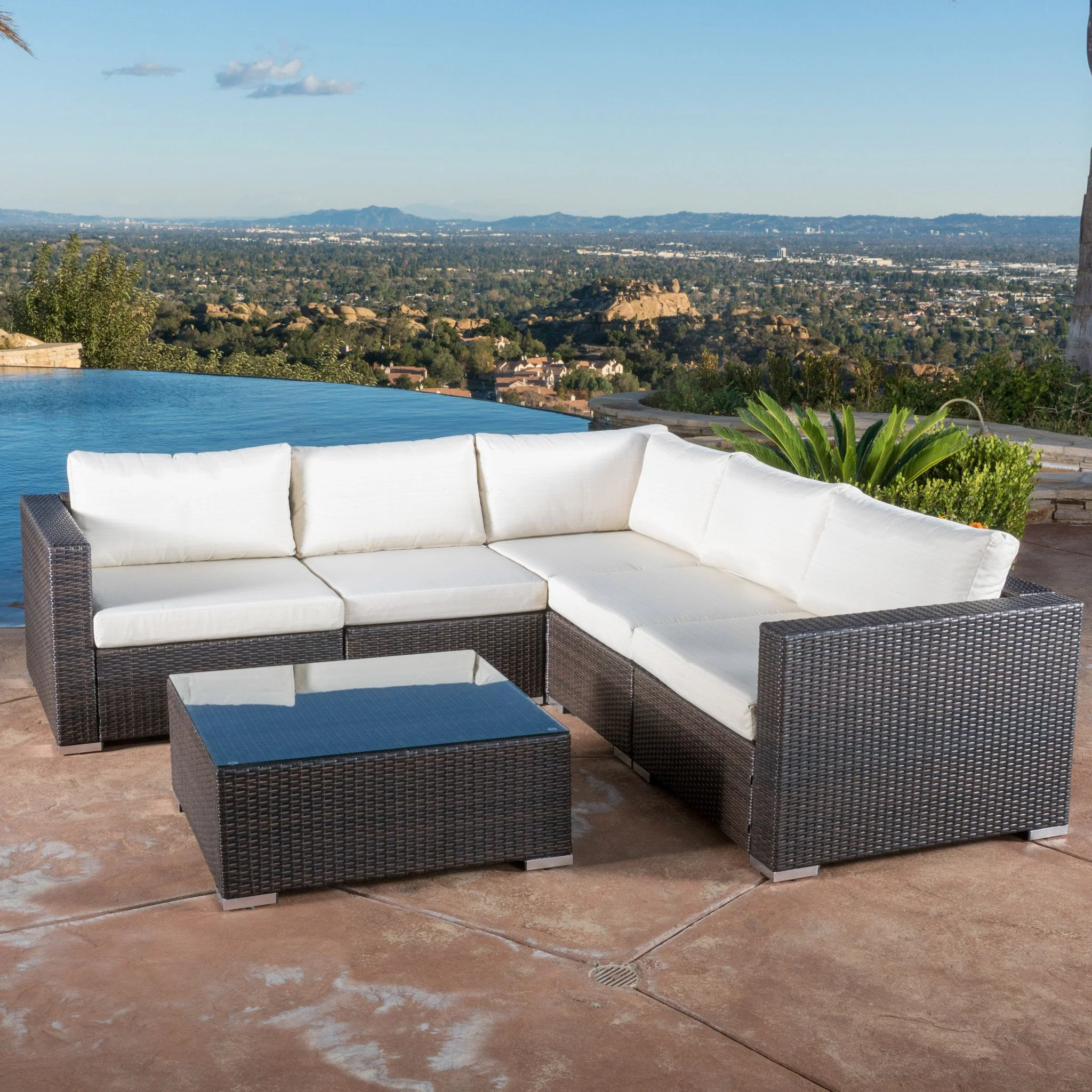 Francisco 6pc Outdoor Brown Wicker Seating Sectional Set w/ Cushions - furnishings