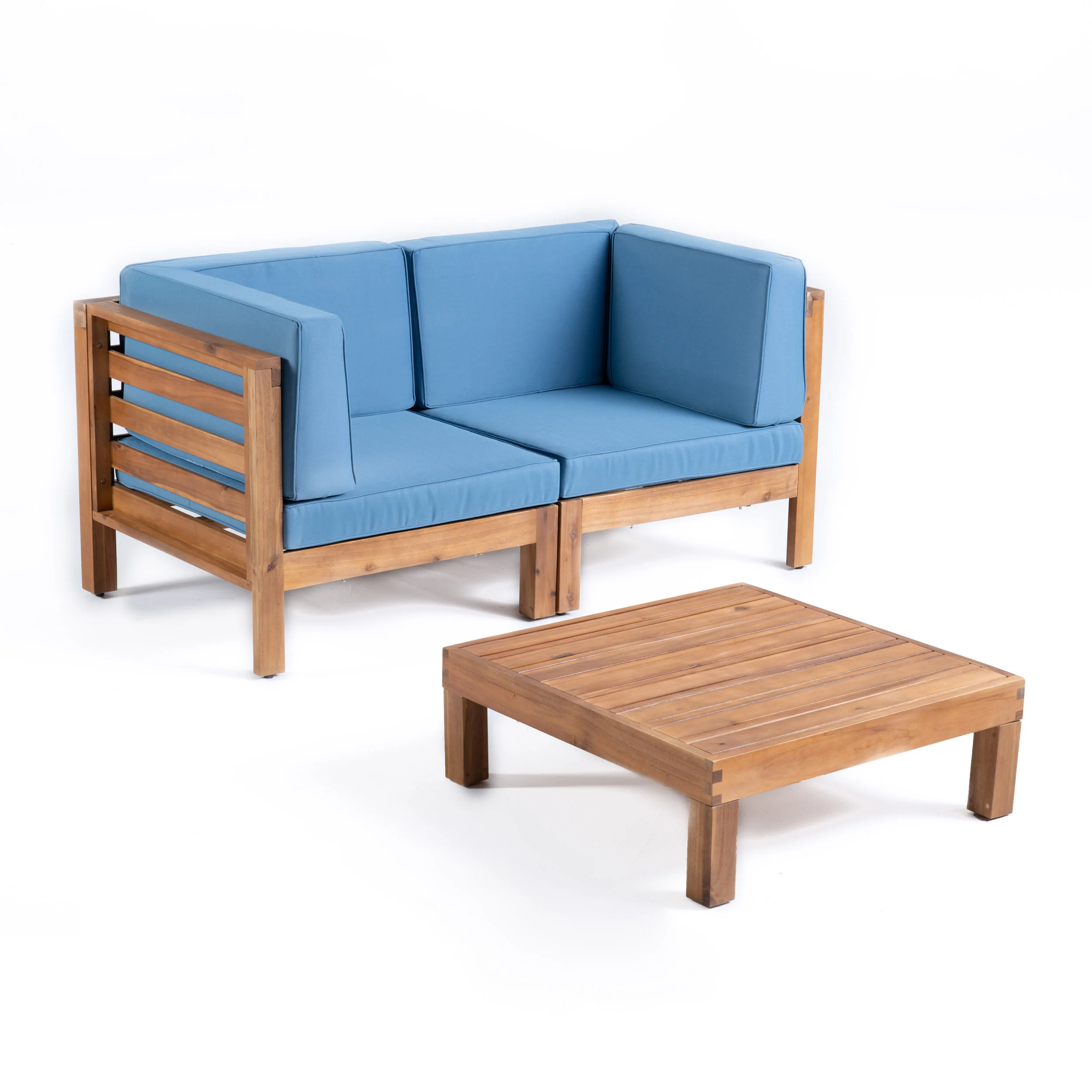 Dawson Outdoor Sectional Love Seat Set with Coffee Table - 3-Piece 2-Seater - Acacia Wood - Outdoor Cushions - furnishings