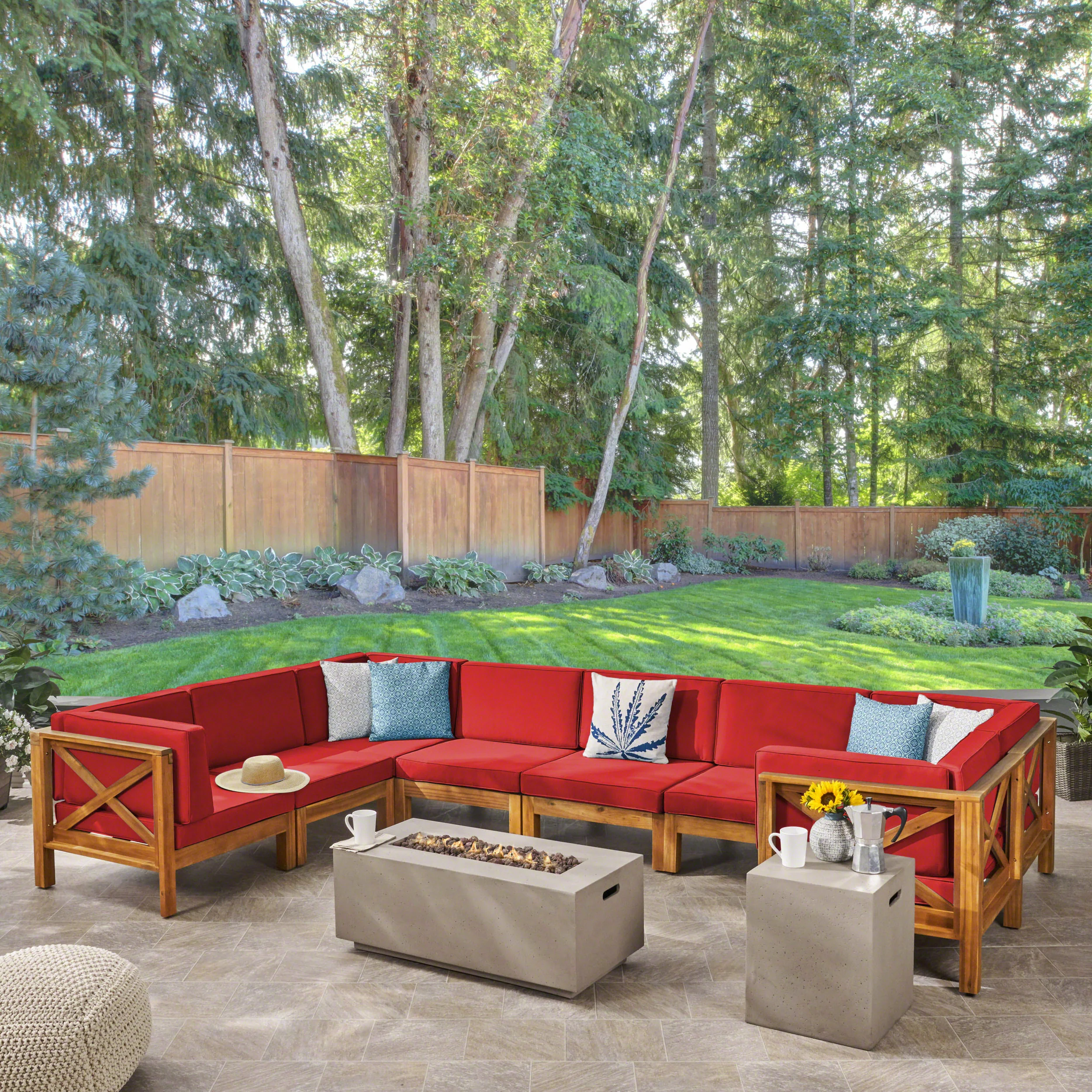 Cynthia Outdoor Acacia Wood 8 Seater U-Shaped Sectional Sofa Set with Fire Pit - furnishings
