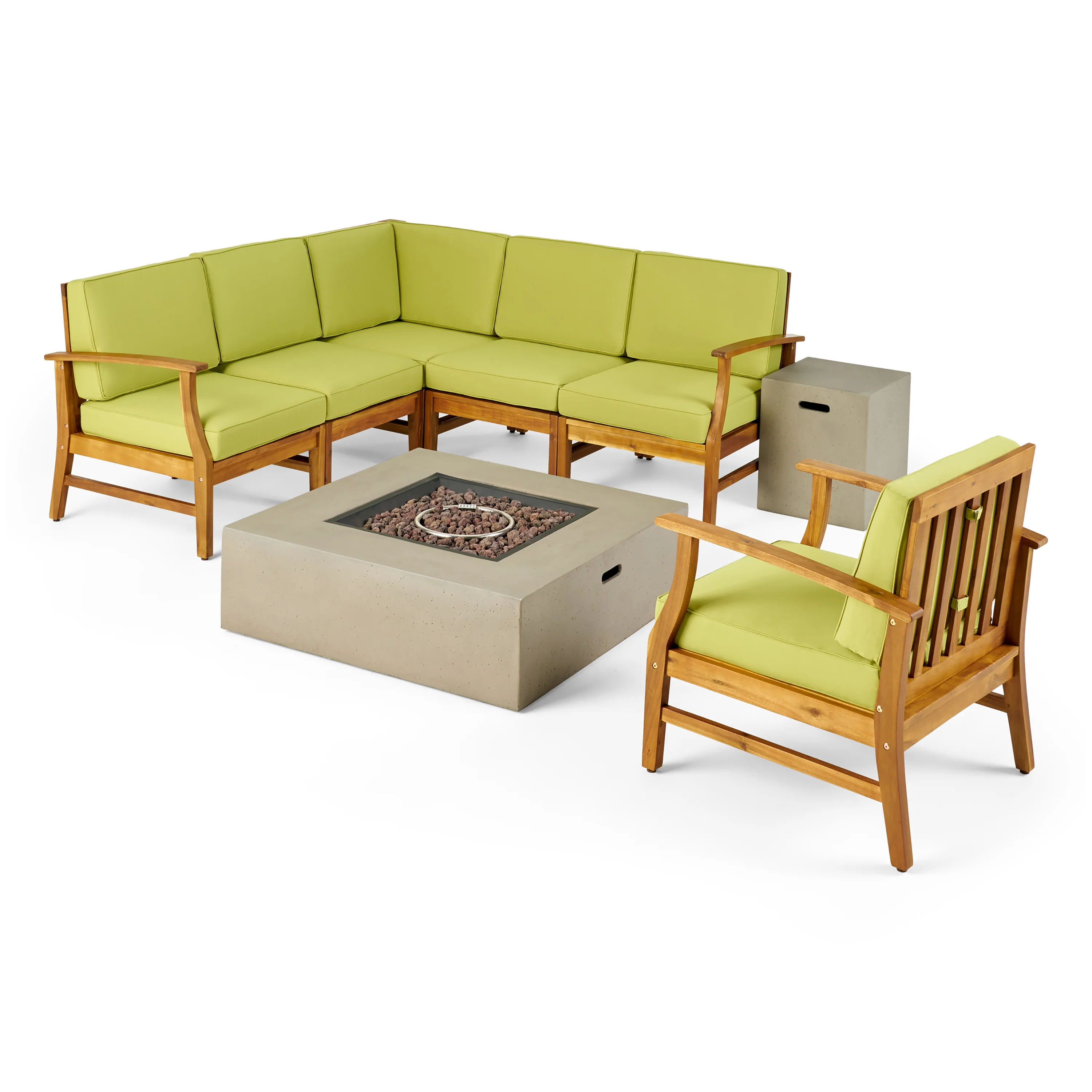 Nyeemah Outdoor 6 Seater Acacia Wood Sofa Set with Square Fire Table and Tank - furnishings