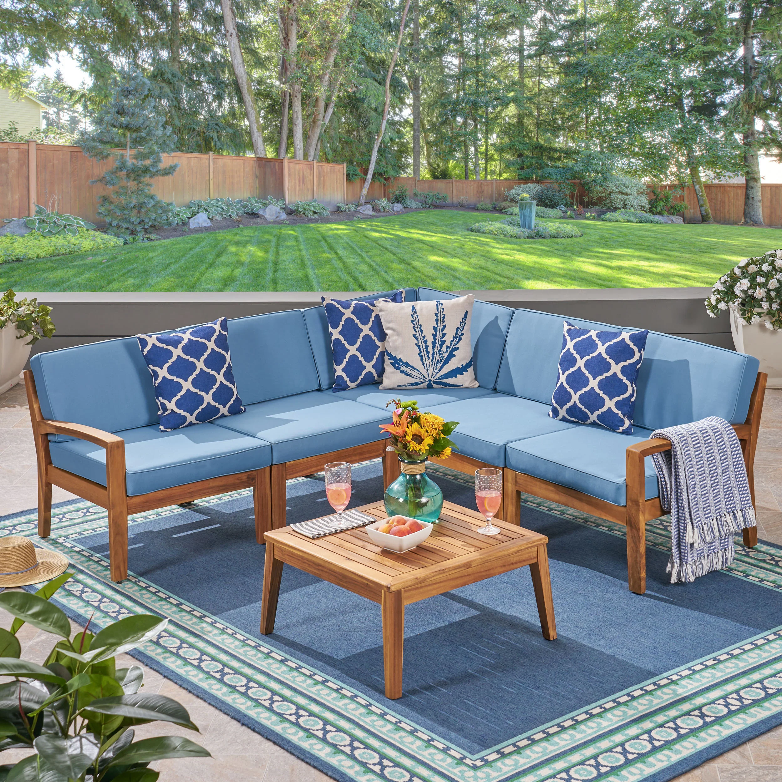 Roy Outdoor Acacia Wood 5 Seater Sectional Sofa Set with Coffee Table - furnishings