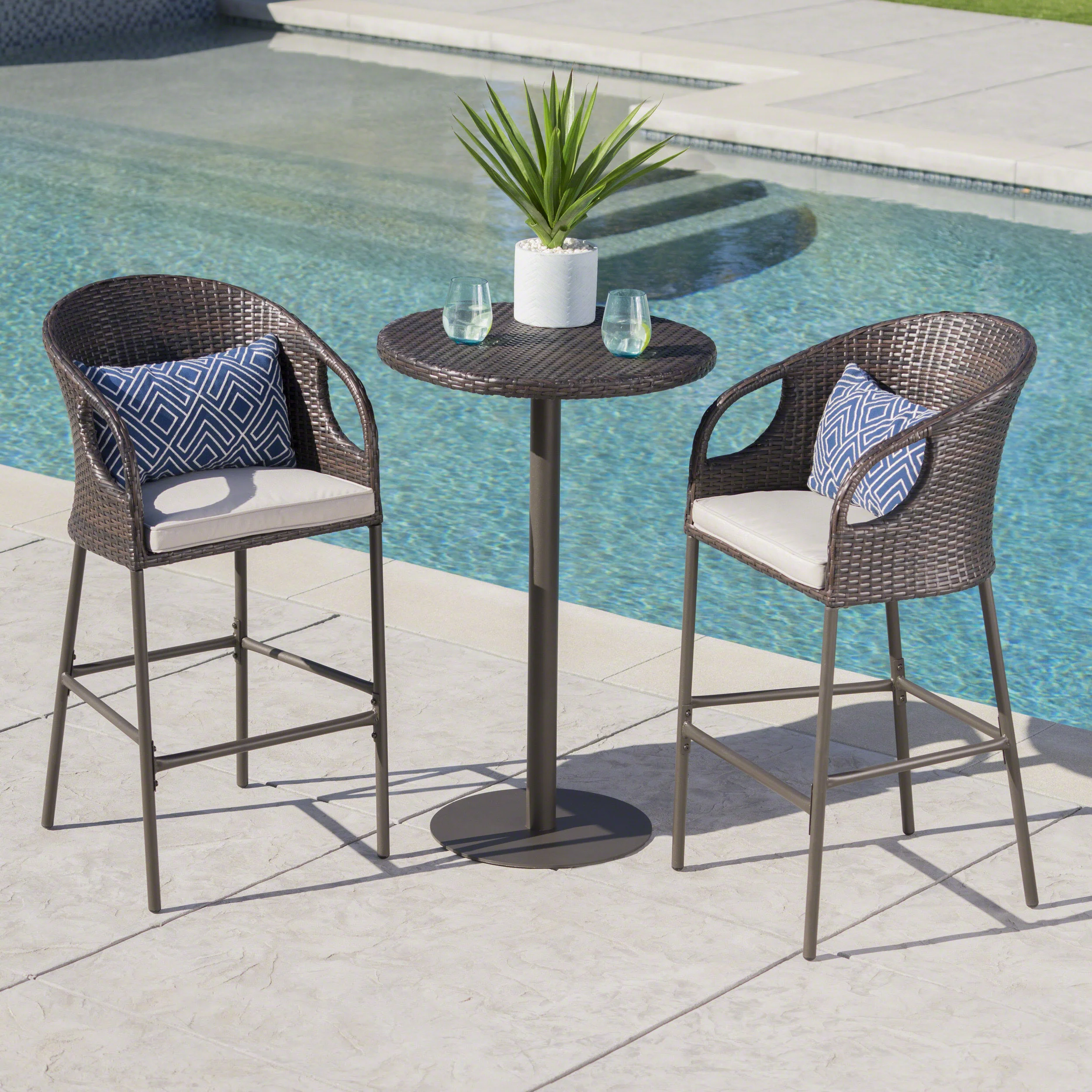 Big Rock Outdoor 3 Piece Multi-brown Wicker Round Bar Set - furnishings