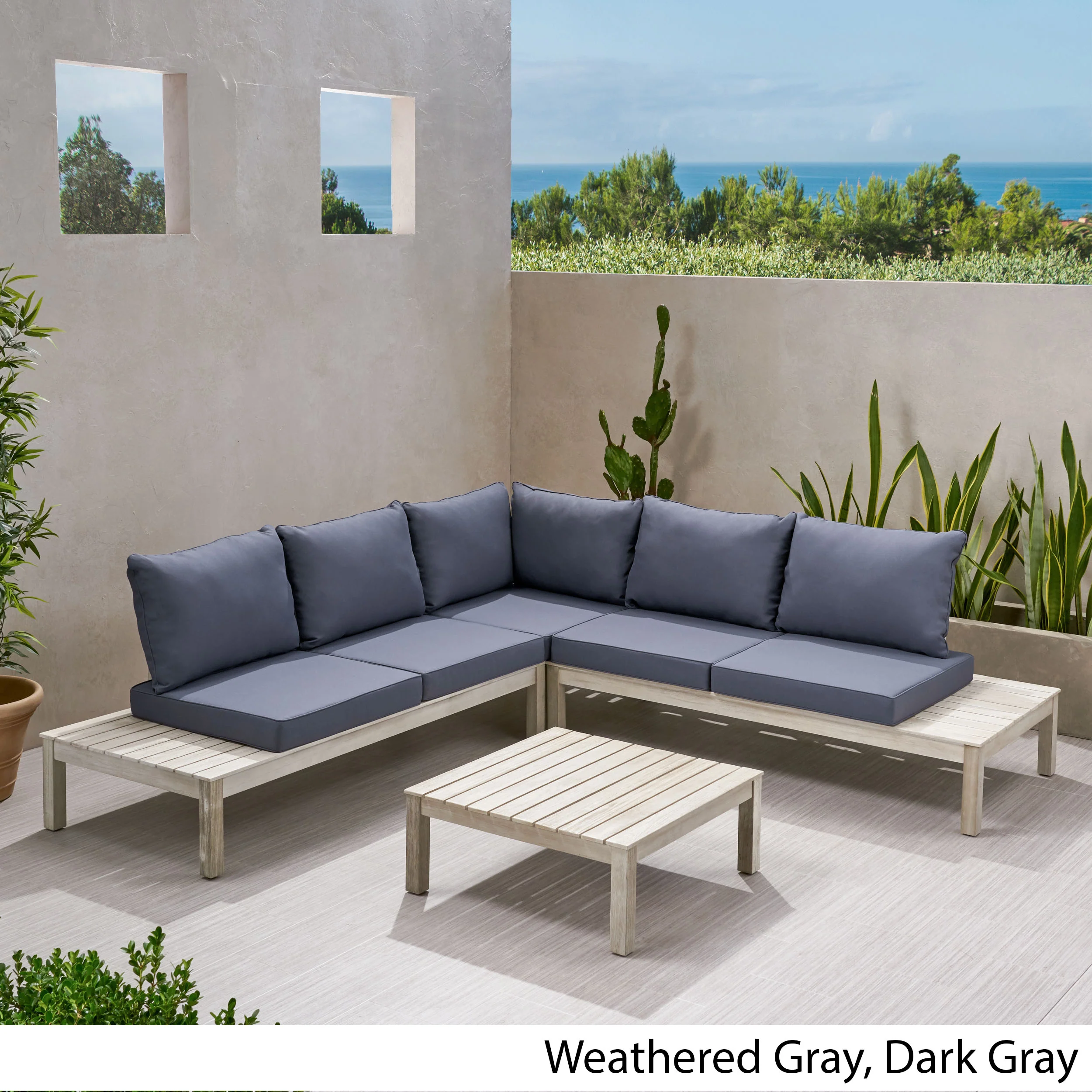 Vashti Outdoor 5 Seater V Shaped Acacia Wood Sectional Sofa Set with Cushions - furnishings