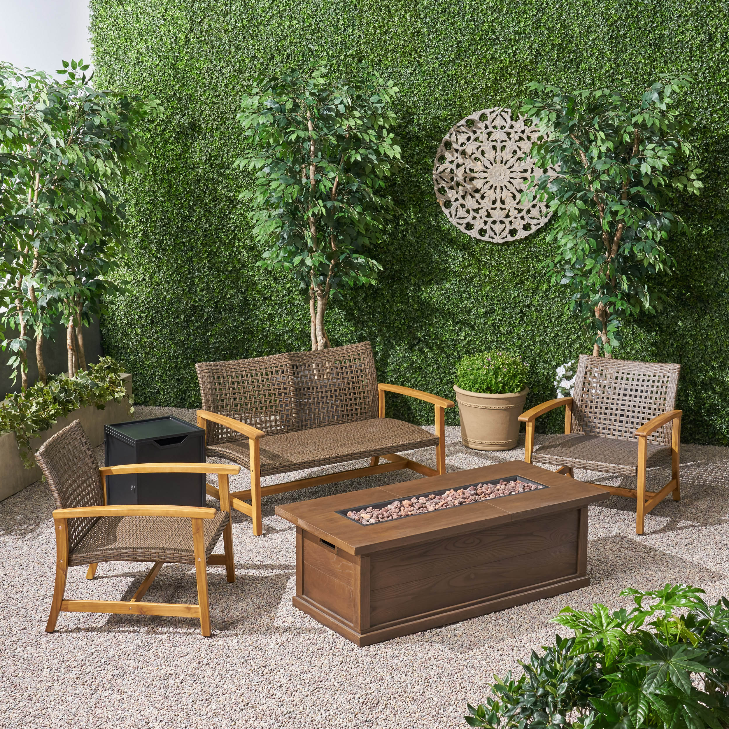Rachel Outdoor 5 Piece Wood and Wicker Chat Set with Fire Pit - furnishings