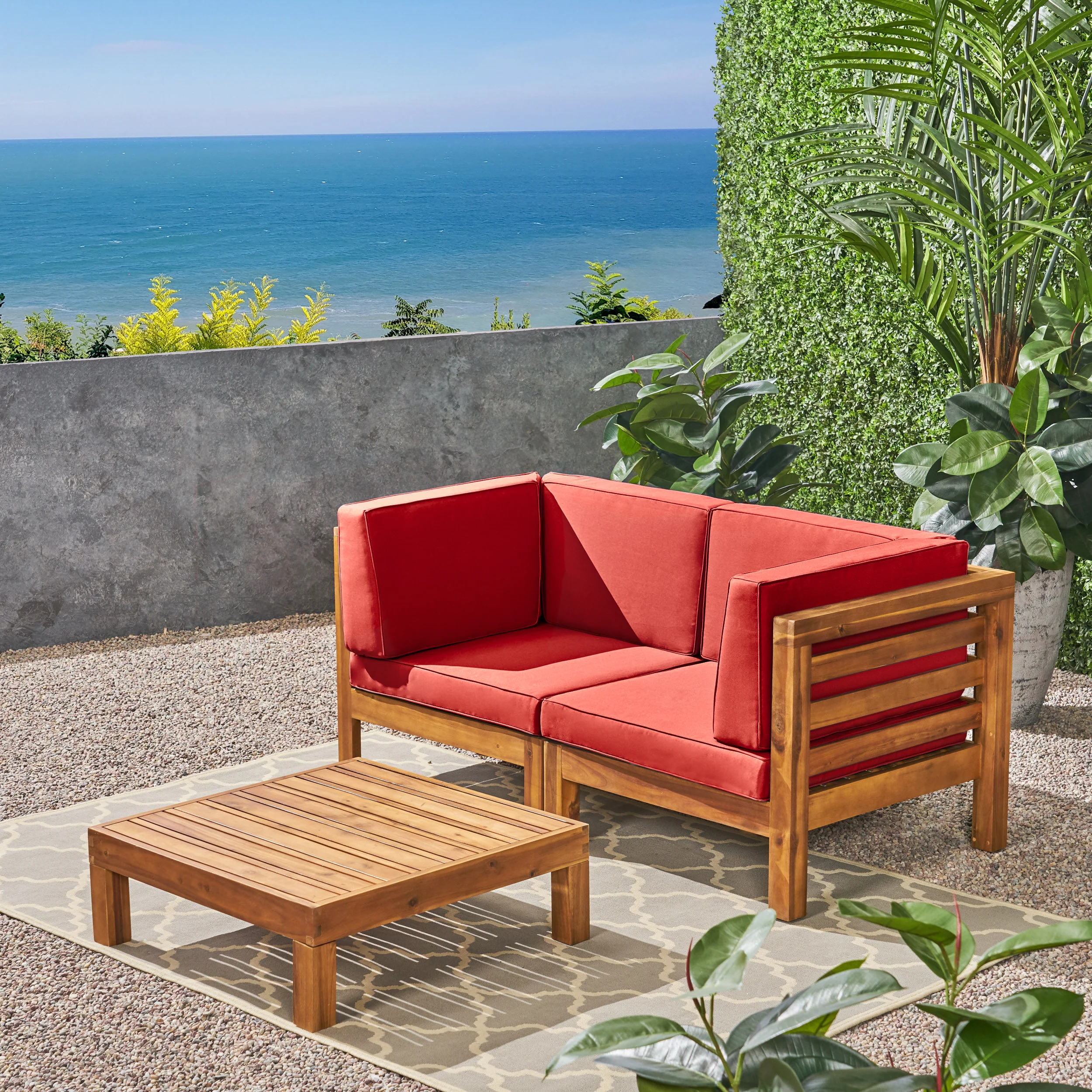 Dawson Outdoor Sectional Love Seat Set with Coffee Table - 3-Piece 2-Seater - Acacia Wood - Outdoor Cushions - furnishings