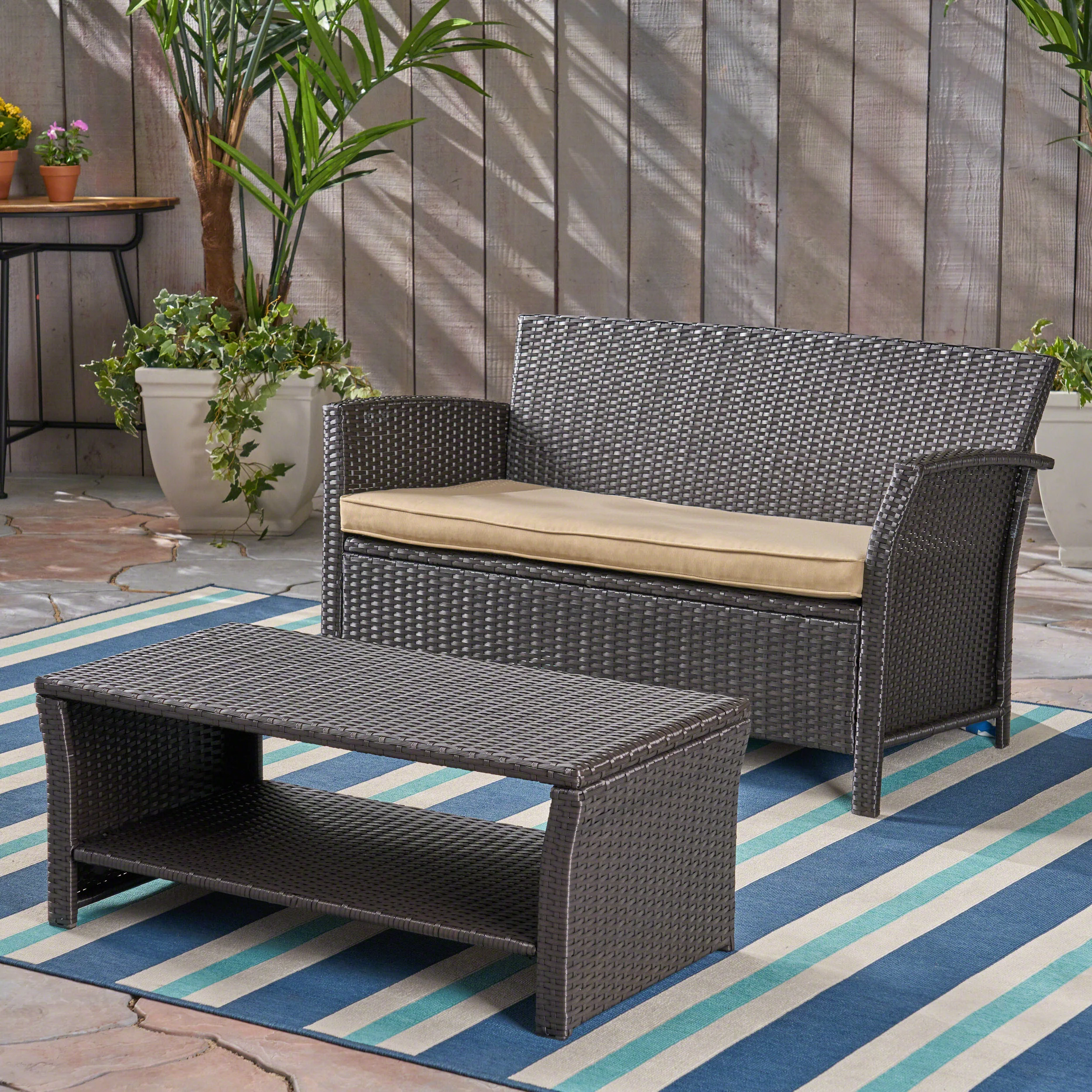 Lucia Outdoor Wicker Loveseat with Coffee Table - furnishings