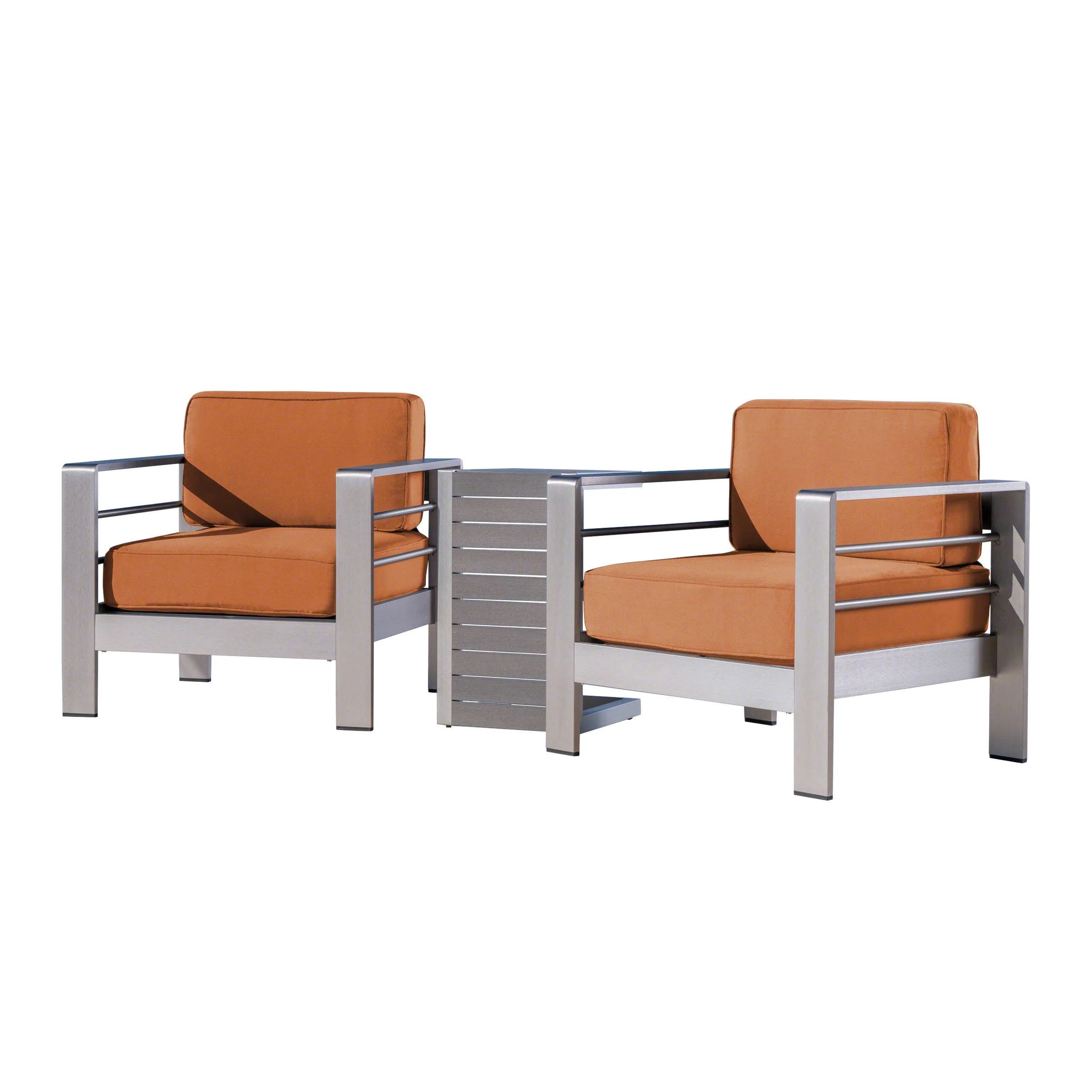 Zona Outdoor Aluminum Club Chairs and Faux Wood Side Table Set with Cushions - furnishings