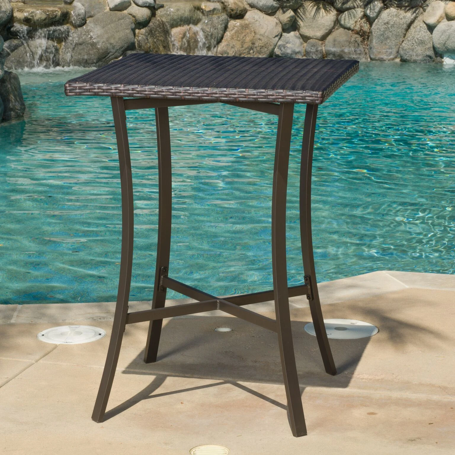 Cait Outdoor Square Multi-Brown Wicker Bar Table with Aluminum Frame - furnishings