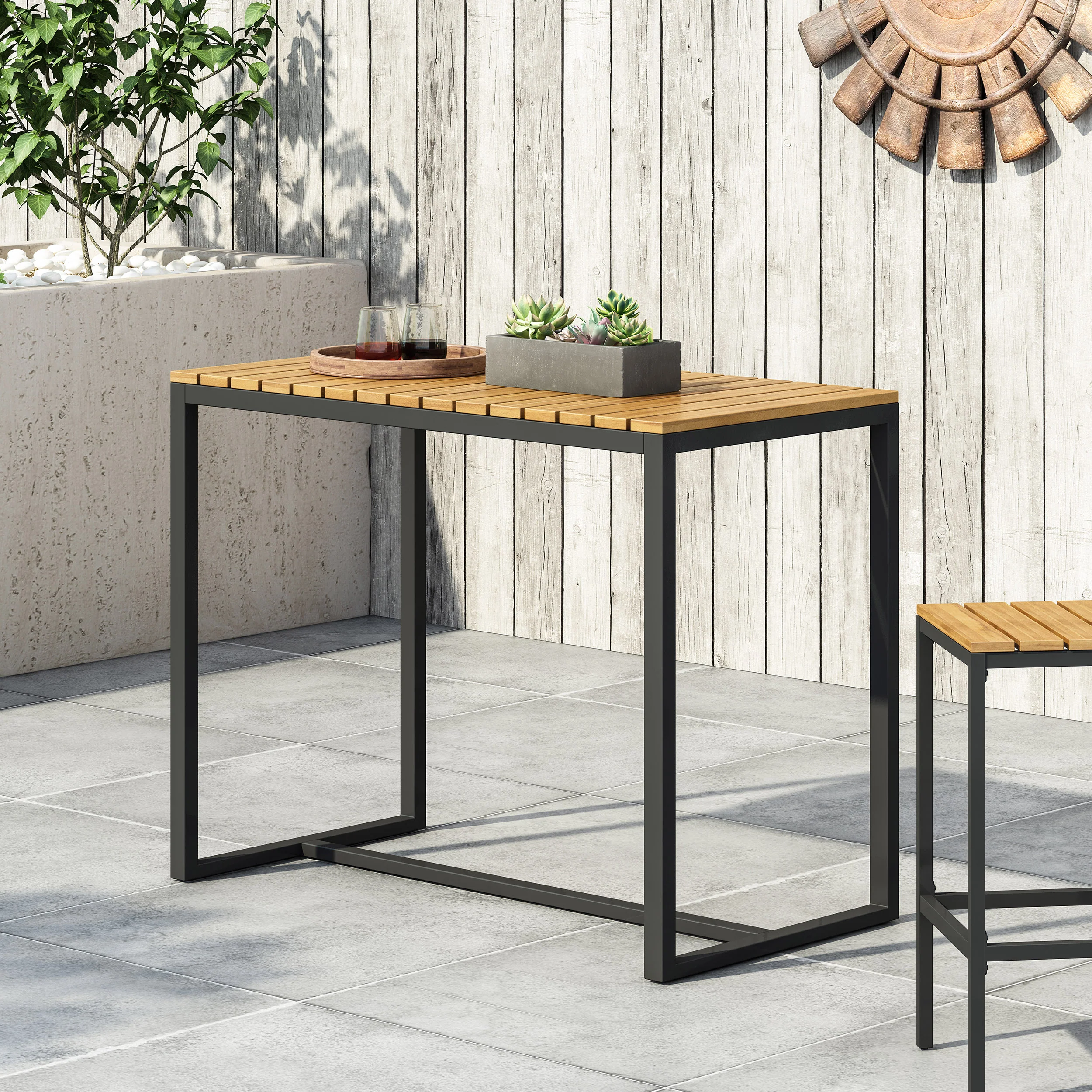 Arath Outdoor Modern Industrial Acacia Wood Bar Table - furnishings