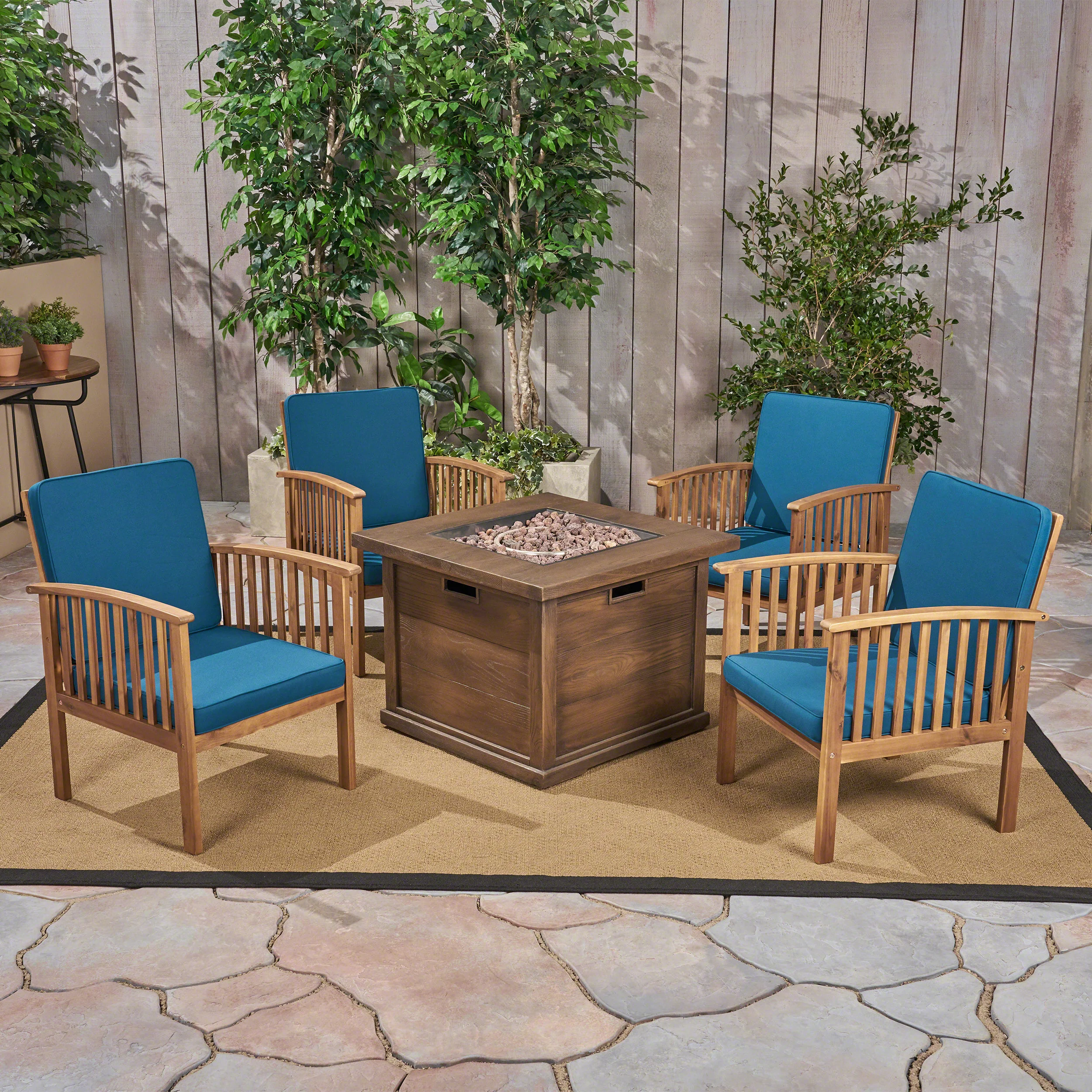 Cape Outdoor 4-Seater Acacia Wood Club Chairs with Firepit - furnishings