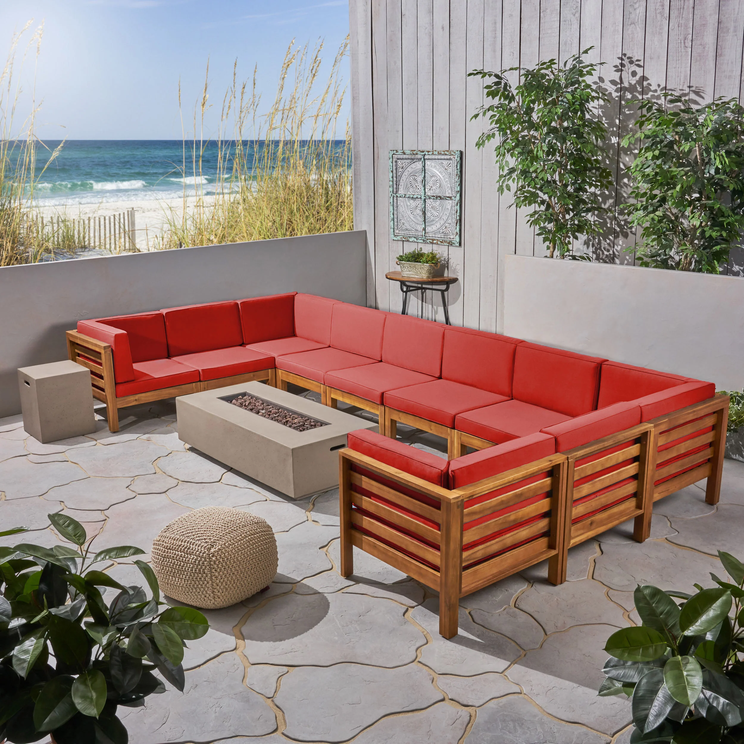 Ravello Outdoor 12 Piece U-Shaped Sectional Sofa Set with Fire Pit - furnishings