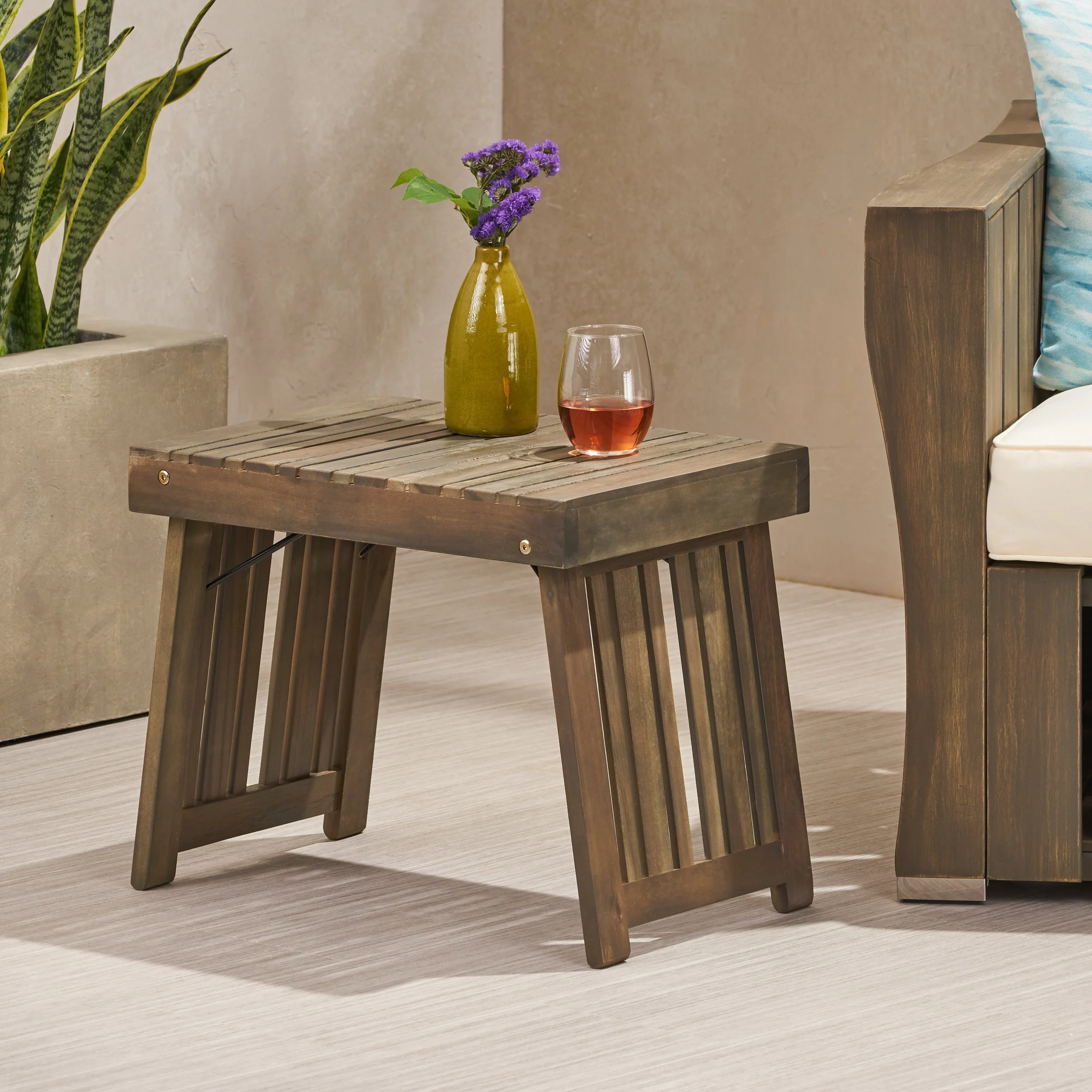 Karyme Outdoor Acacia Wood Folding Side Table - furnishings