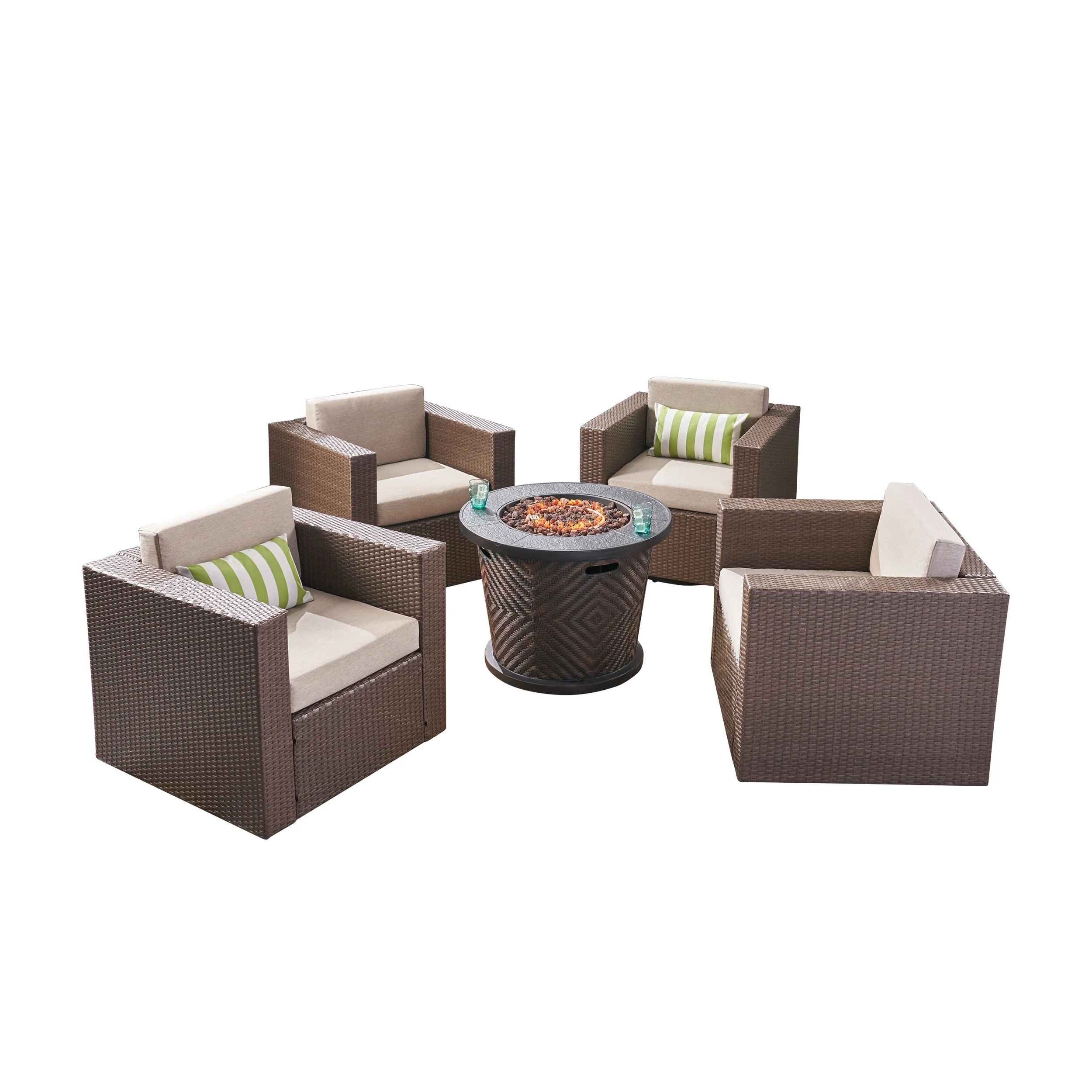 Liyam Outdoor 4 Piece Wicker Swivel Chair Set with Fire Pit, Brown and Brown - furnishings