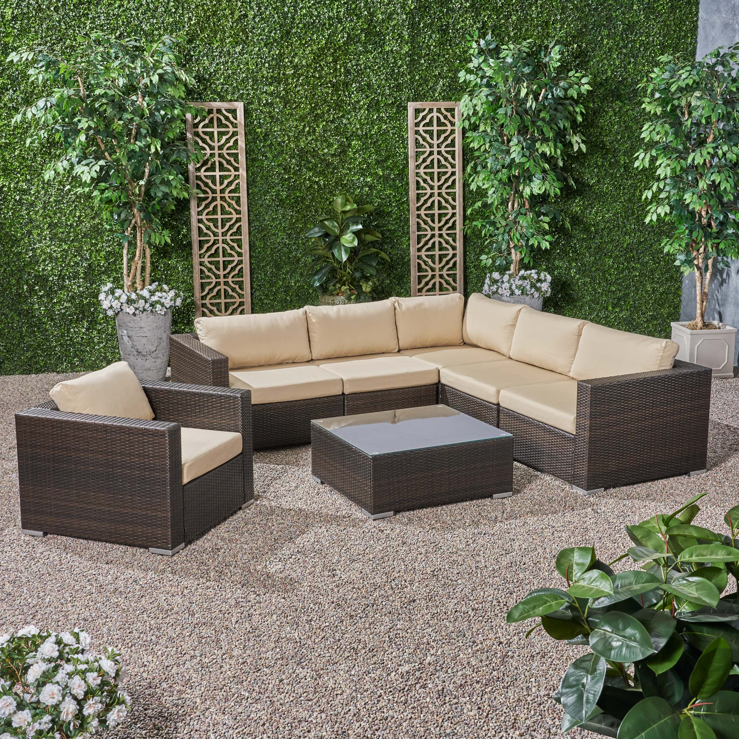 Kyra Outdoor 6 Seater Wicker Sectional Sofa Set with Sunbrella Cushions - furnishings
