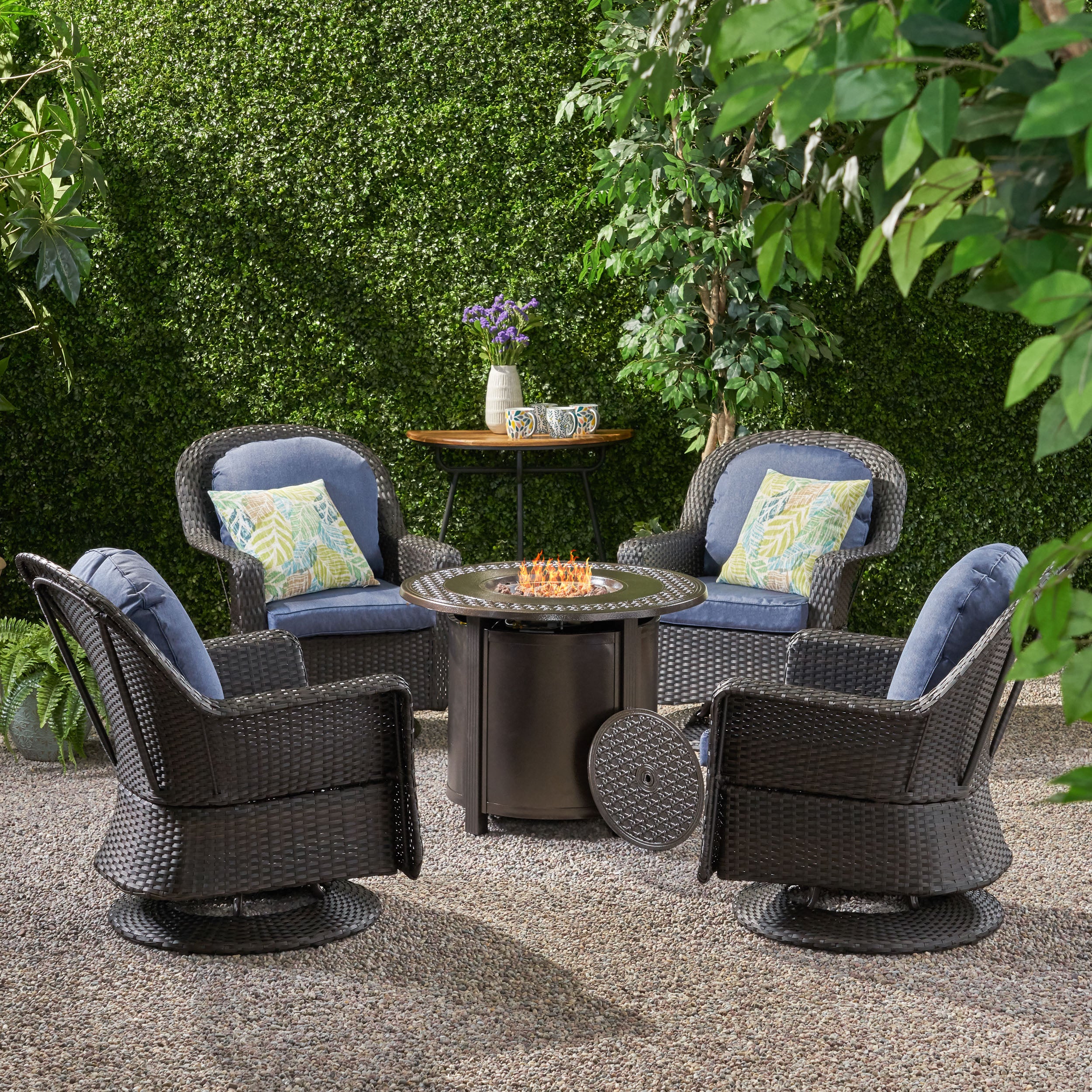 Linsten Outdoor 4 Seater Wicker Swivel Chair and Fire Pit Set - furnishings