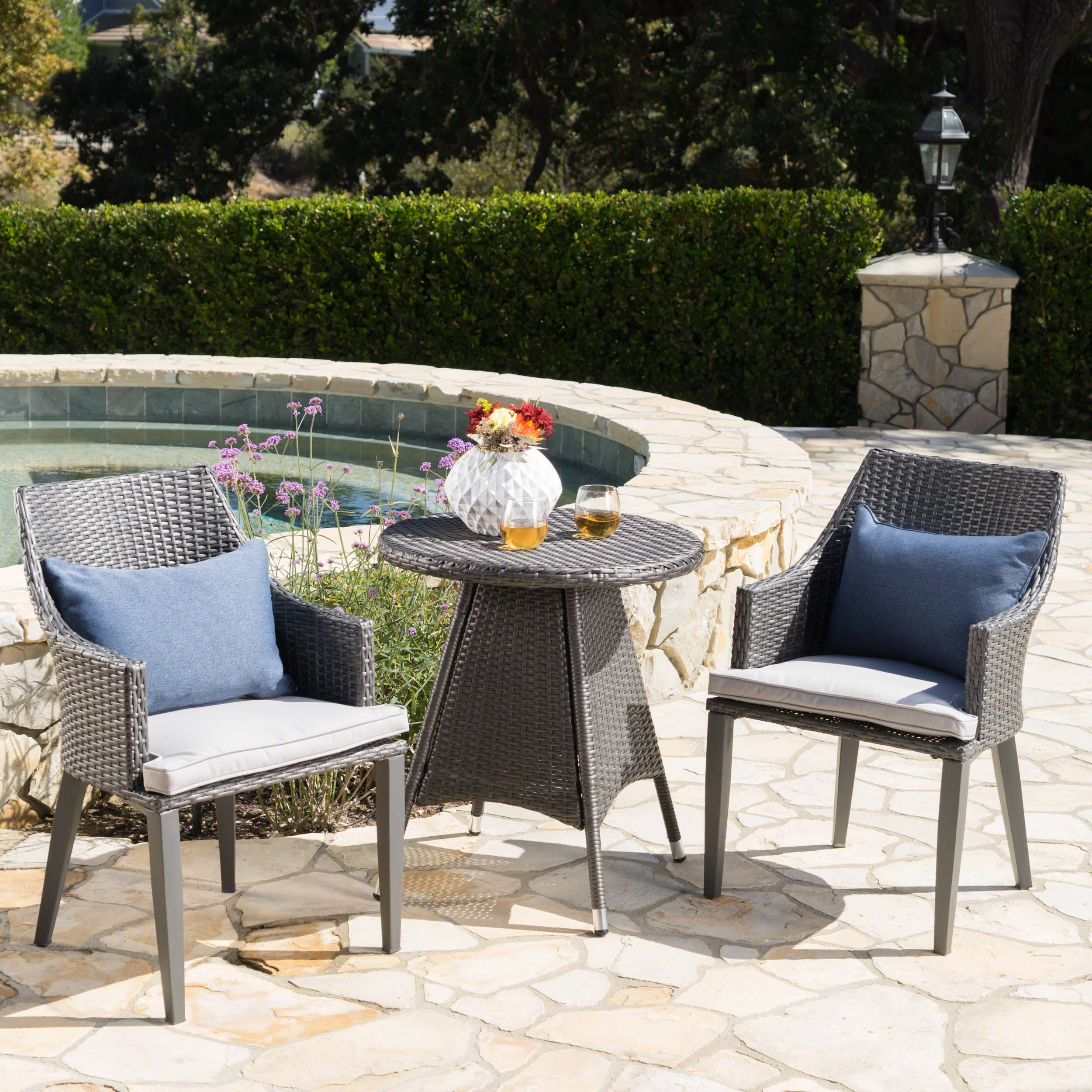 Leeward Outdoor 3 Piece Wicker Round Bistro Set with Water Resistant Cushions - furnishings