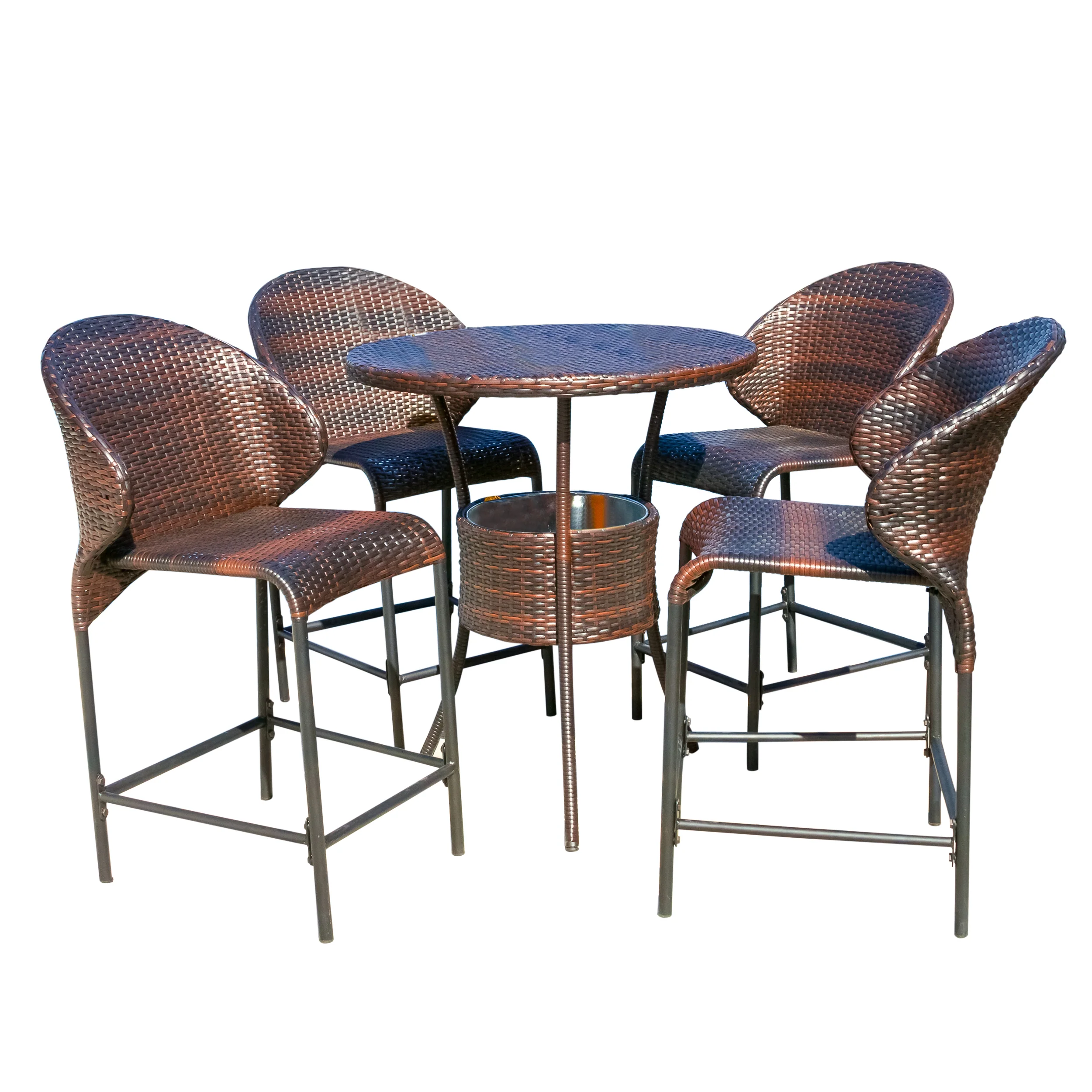 Bennett Outdoor 5-Piece Multi-Brown Wicker Bistro Bar Set with Ice Bucket - furnishings