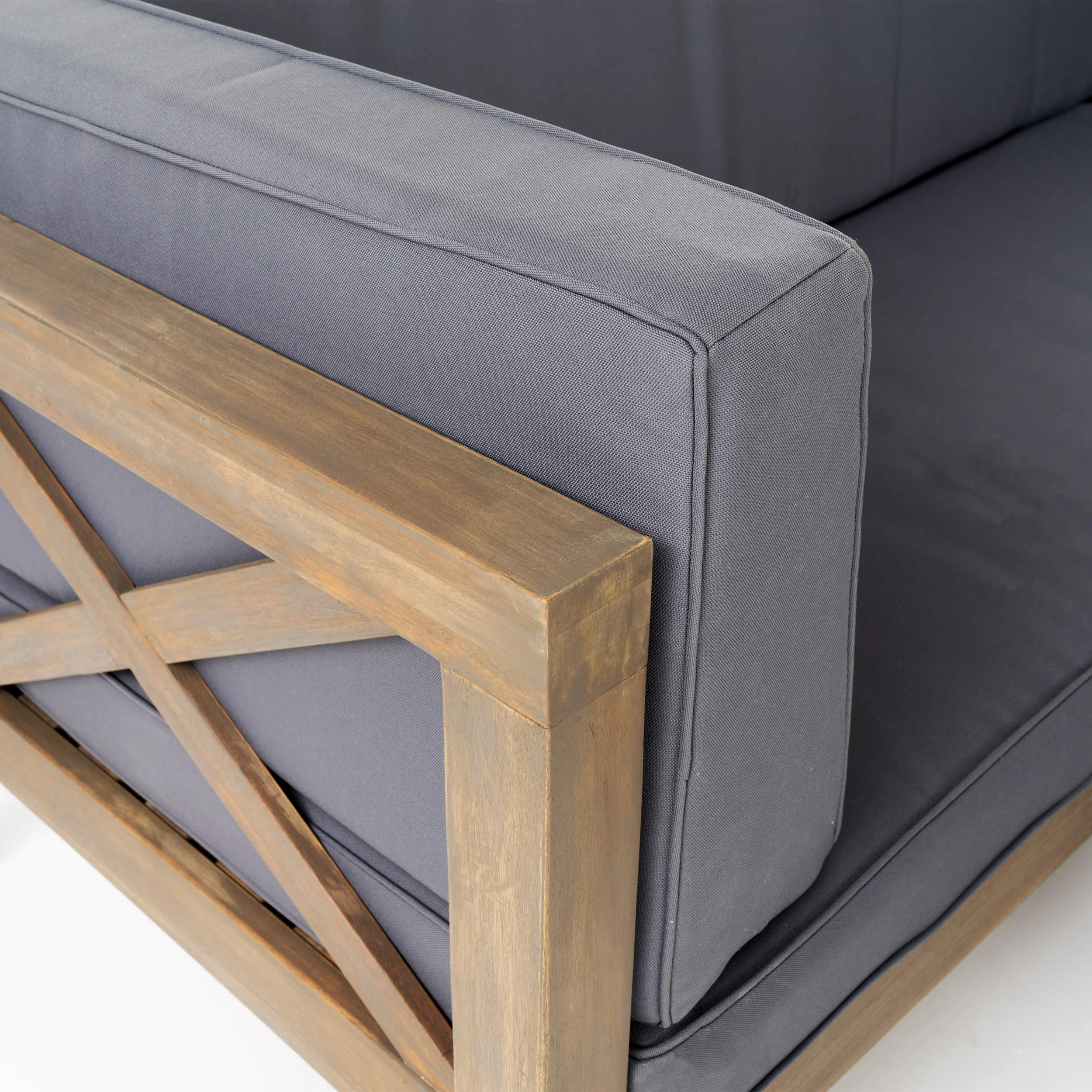 Keith Outdoor Acacia Wood Left Arm Loveseat and Coffee Table Set with Cushion - furnishings