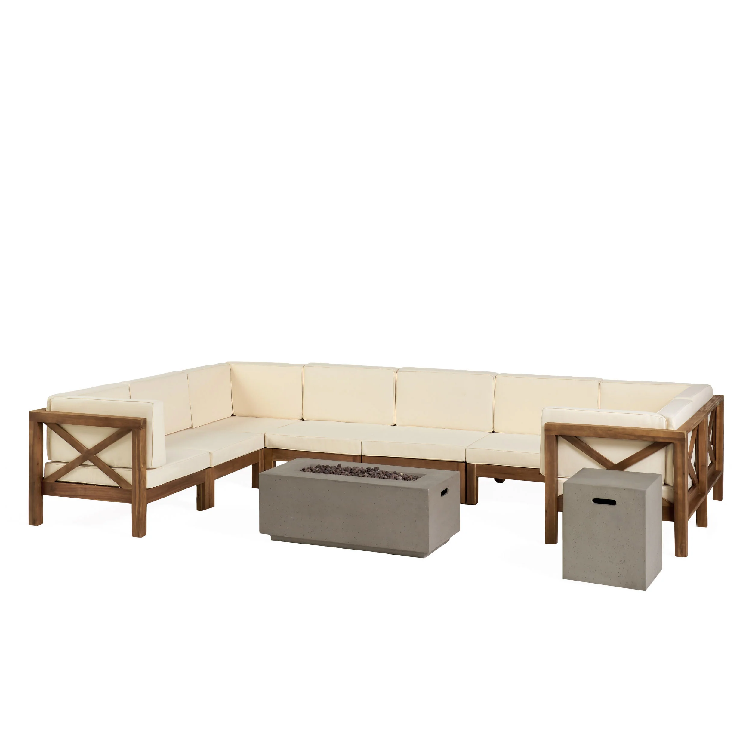 Cynthia Outdoor Acacia Wood 10-Piece U-Shaped Sectional Sofa Set with Fire Pit - furnishings