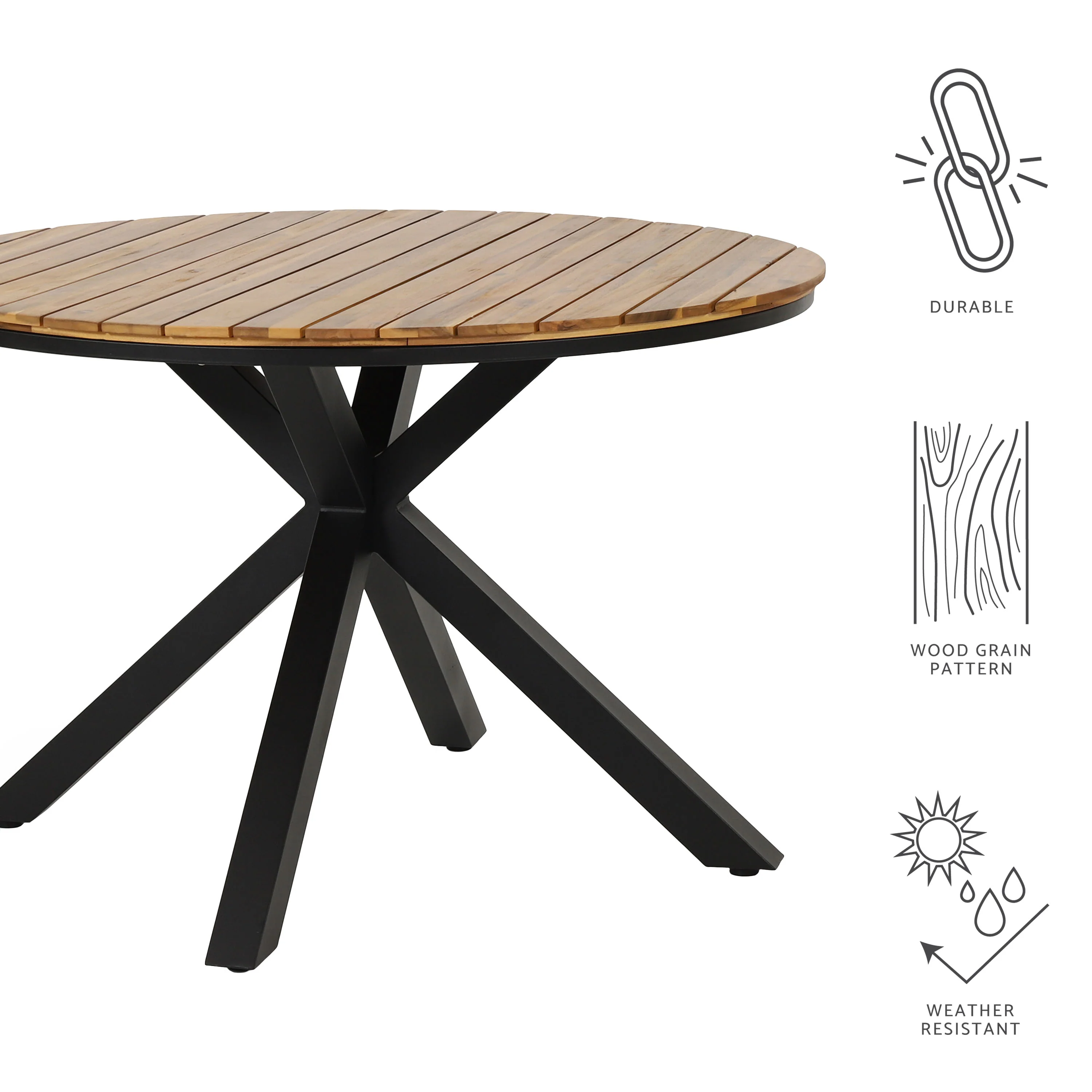 Mellie Outdoor Acacia Wood Circular Dining Table, Teak and Black - furnishings