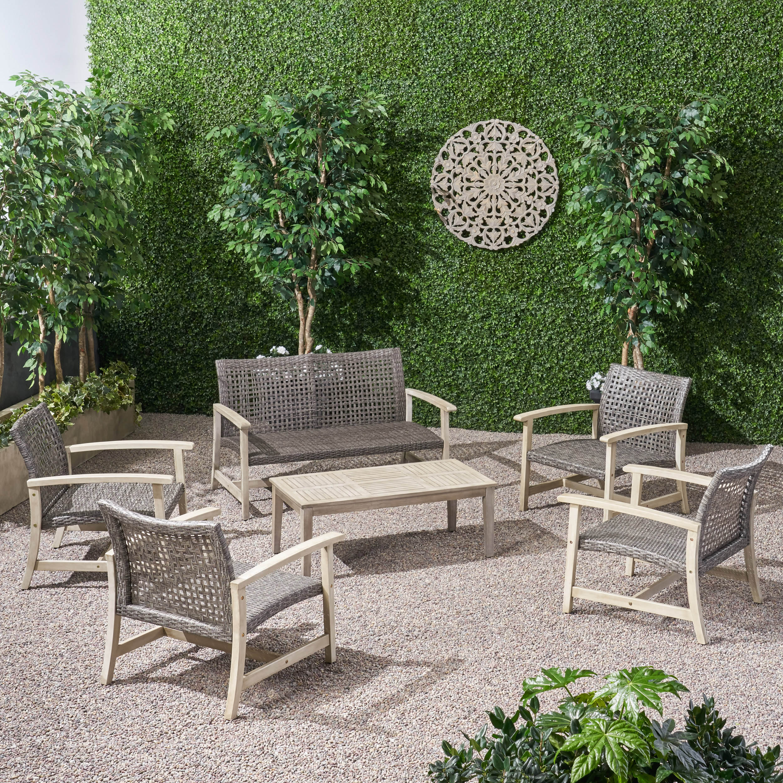 Alyssa Outdoor 6 Piece Wood and Wicker Chat Set - furnishings