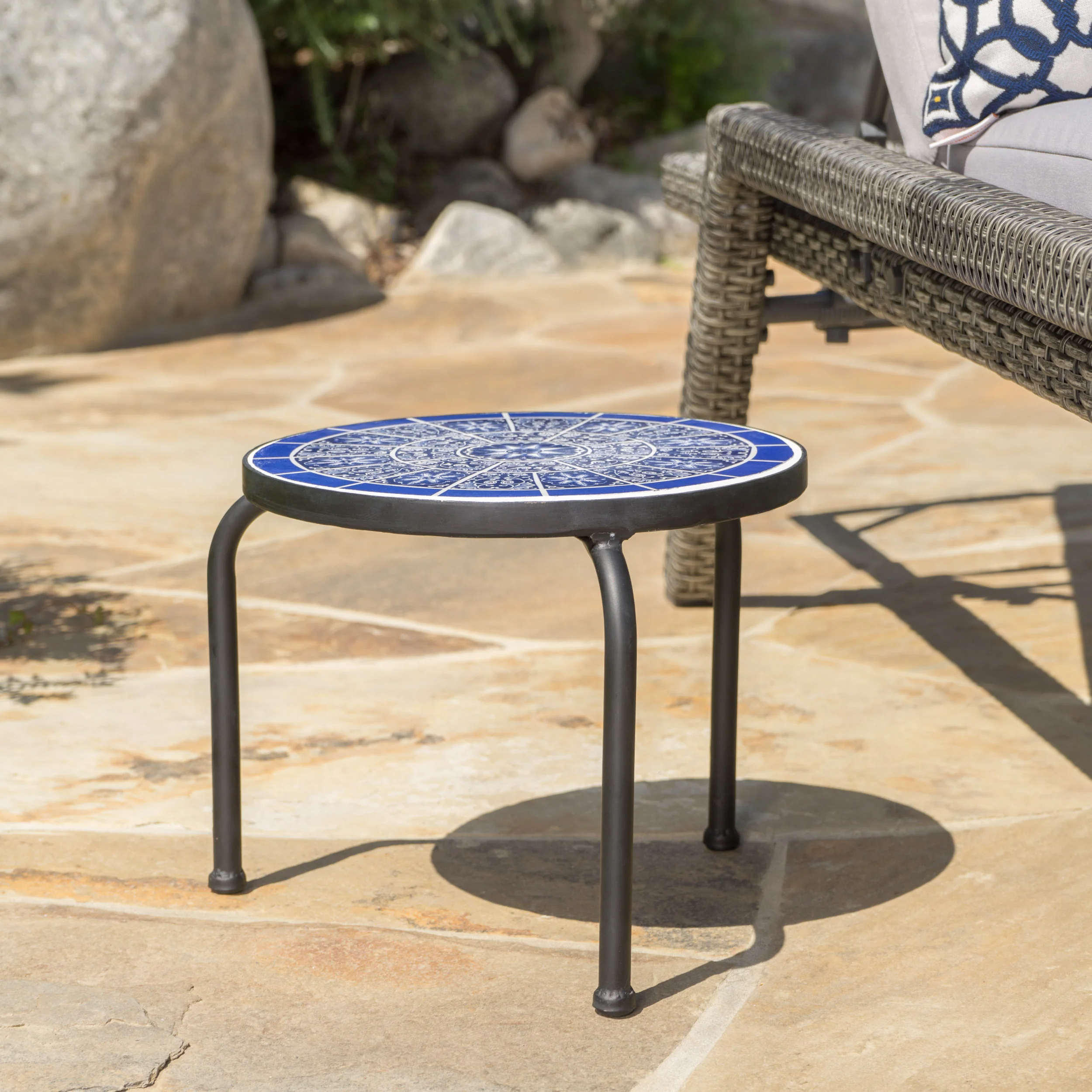 Soleil Outdoor Blue & White Ceramic Tile Iron Frame Side Table - furnishings