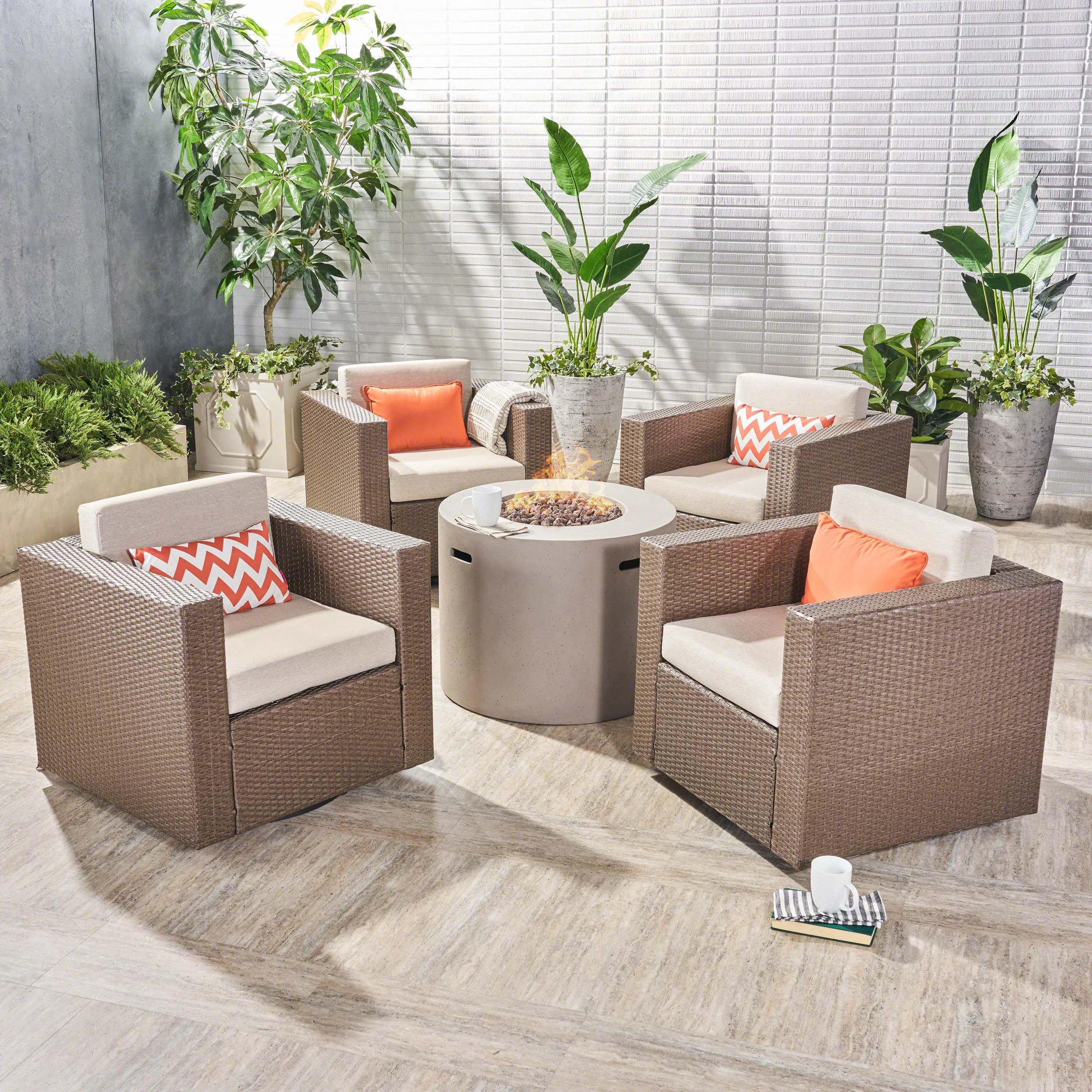 Leon Outdoor 4 Piece Swivel Club Chair Set with Round Fire Pit - furnishings