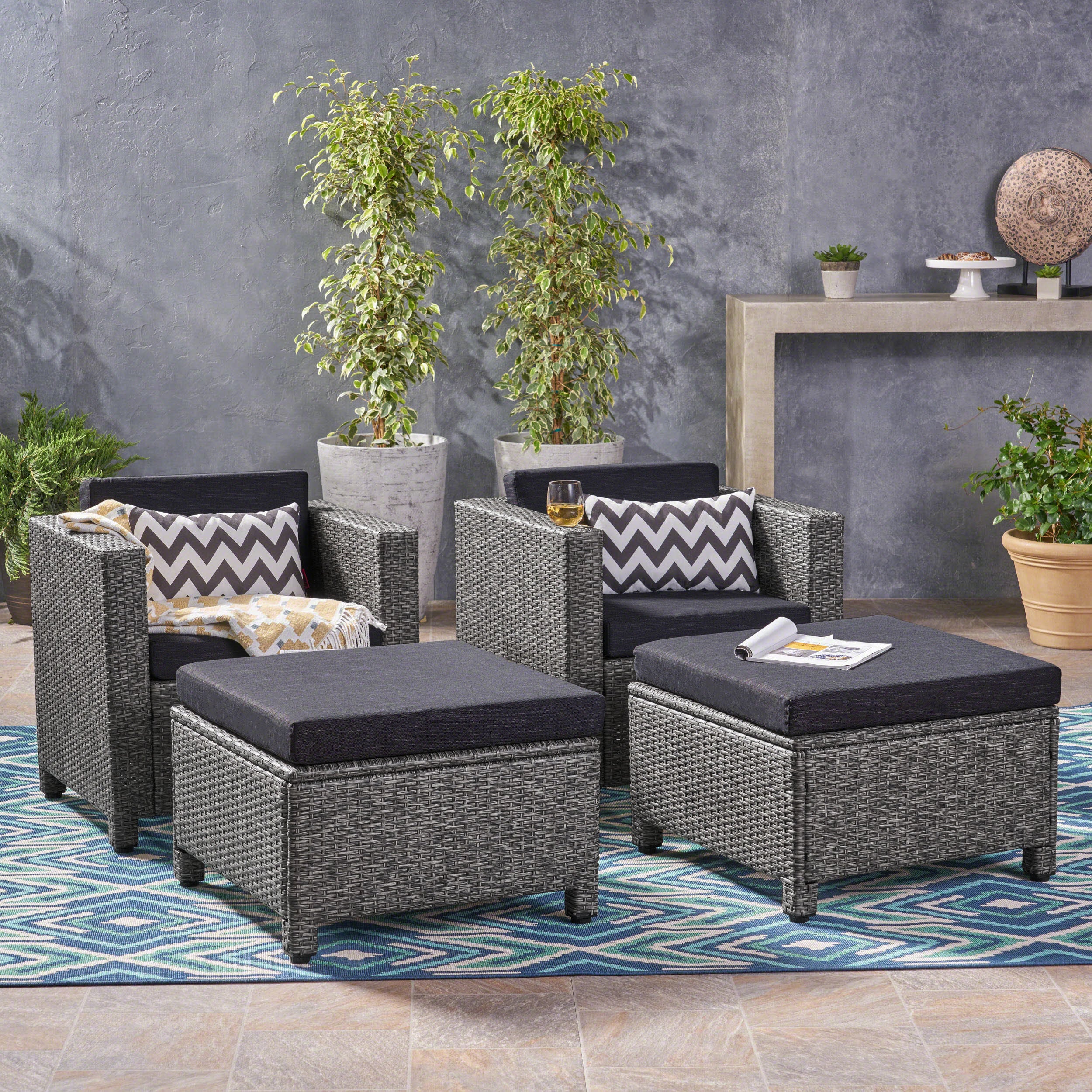 Venice Outdoor Gray PE Wicker Club Chair with Ottoman (set of 2) - furnishings