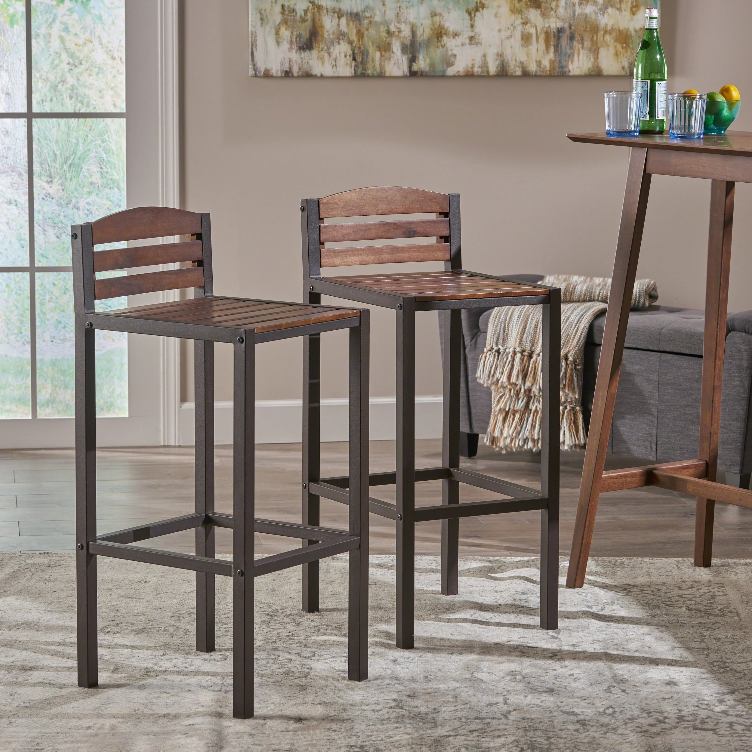Isabel Acacia Rustic Metal & Dark Brown Wood 30-Inch Barstools (Set of 2) - furnishings