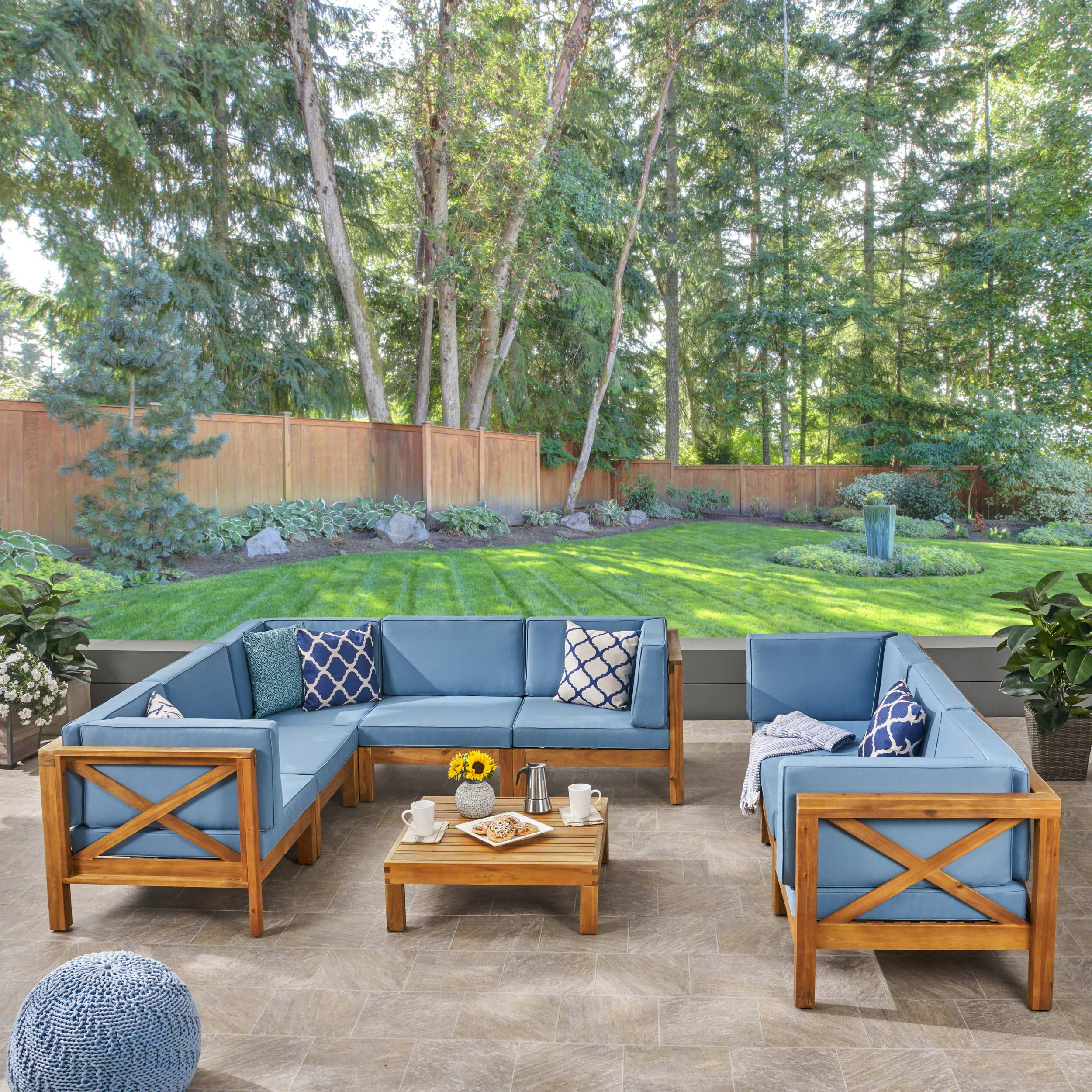 Cynthia Outdoor Acacia Wood 8 Seater Sectional Sofa Set with Coffee Table, Teak, Blue - furnishings