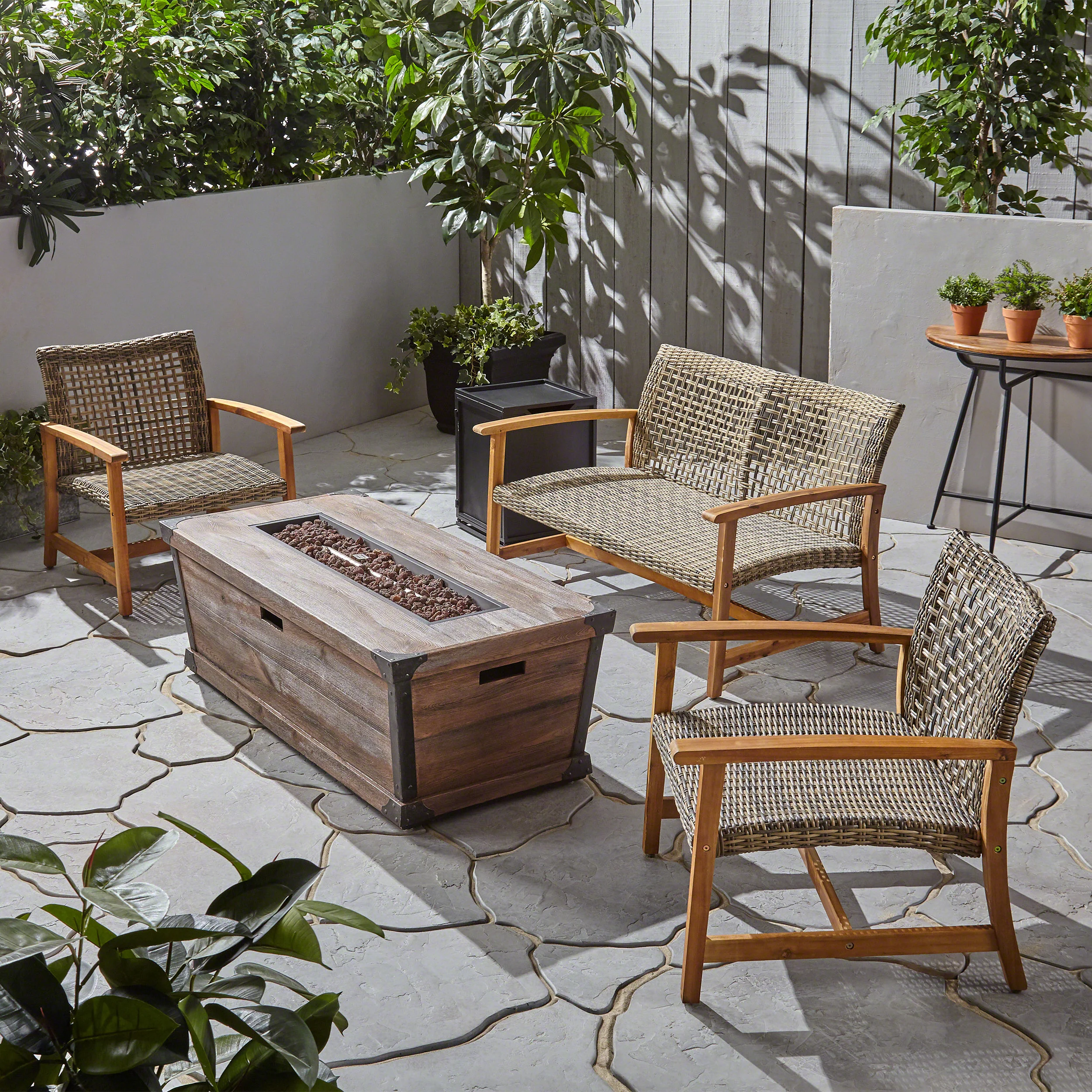 Airyanna Outdoor 3 Piece Wood and Wicker Chat Set with Fire Pit - furnishings