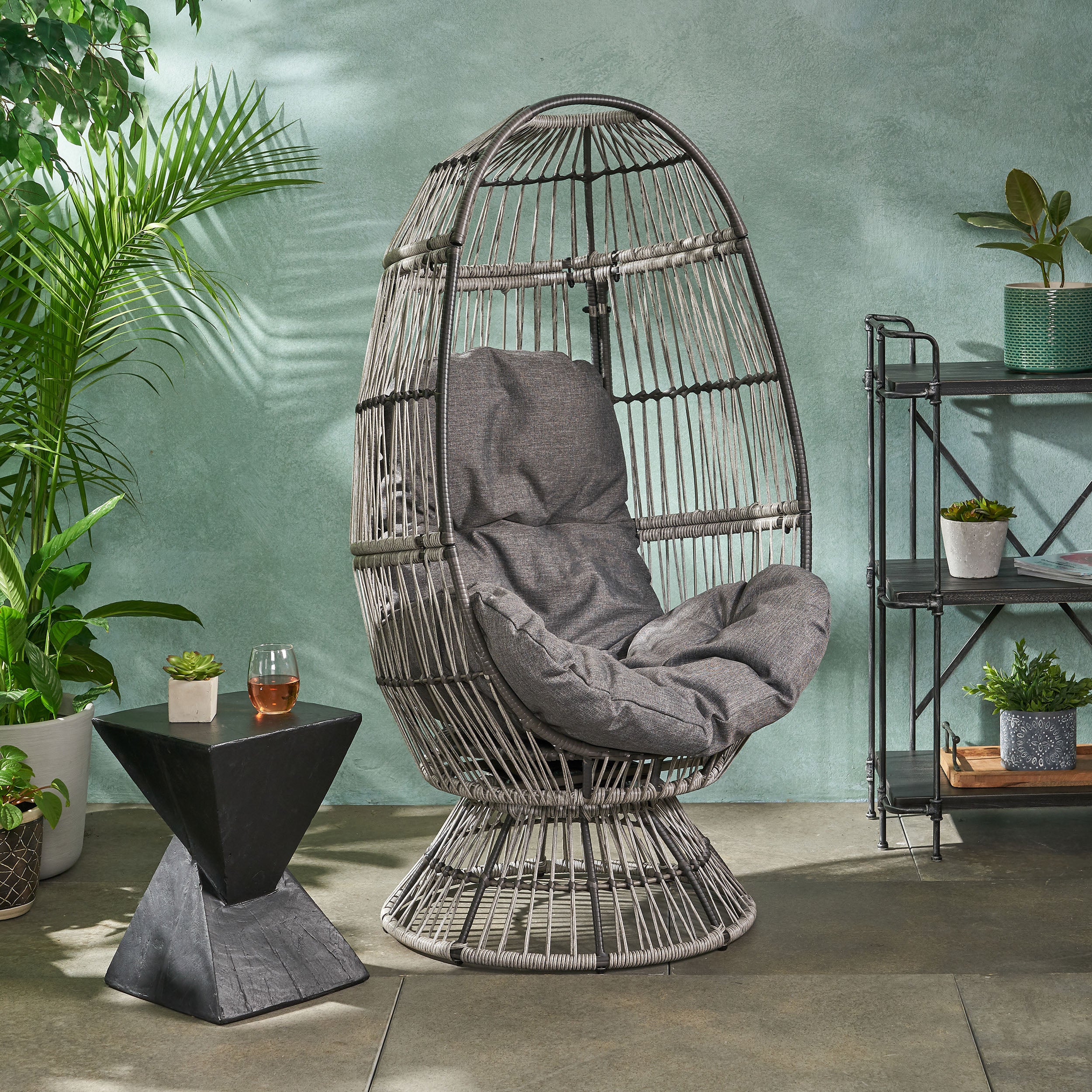Aceson Outdoor Freestanding Wicker Swivel Egg Chair - furnishings