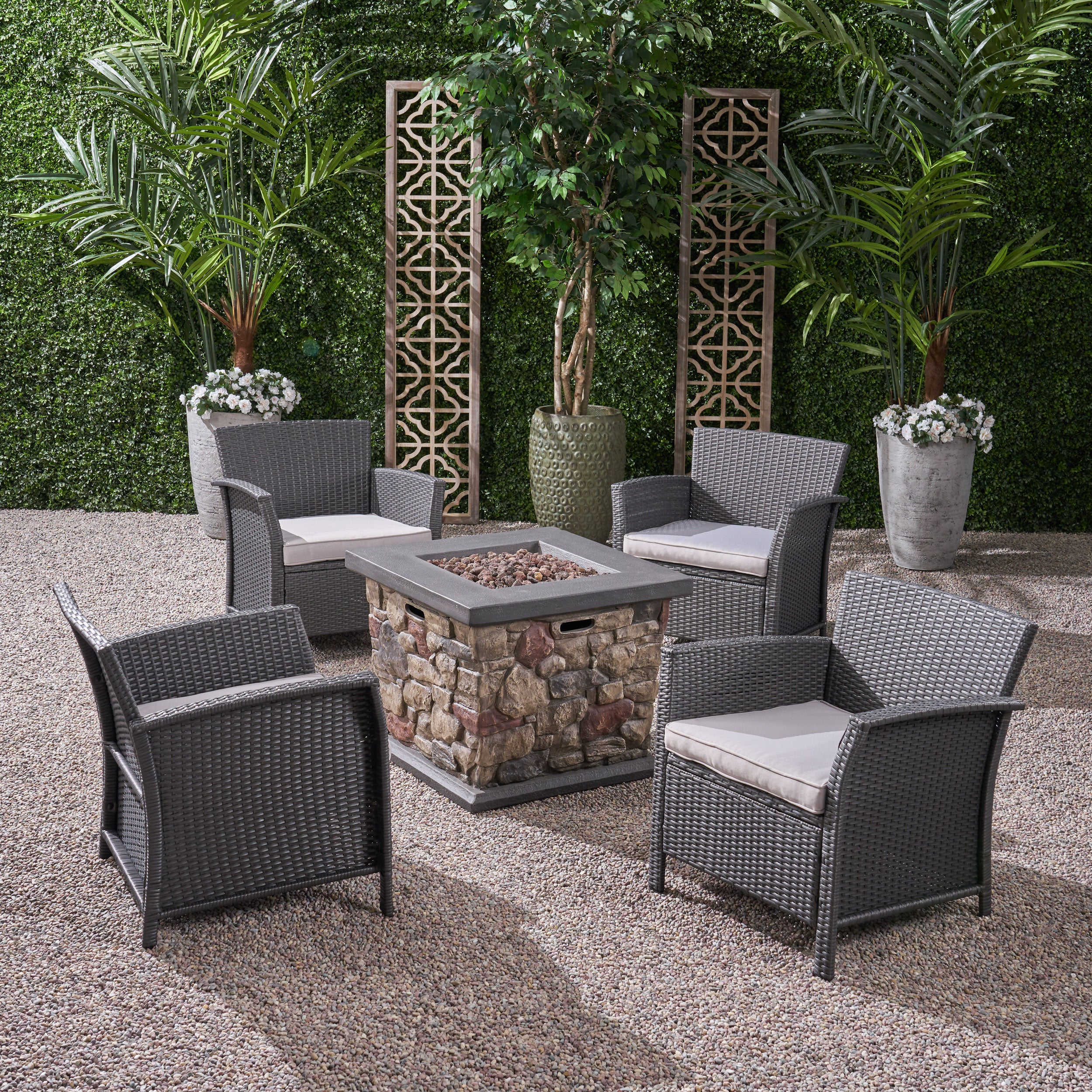 Laiah Outdoor 4 Piece Wicker Club Chair Chat Set with Stone Finished Fire Pit - furnishings