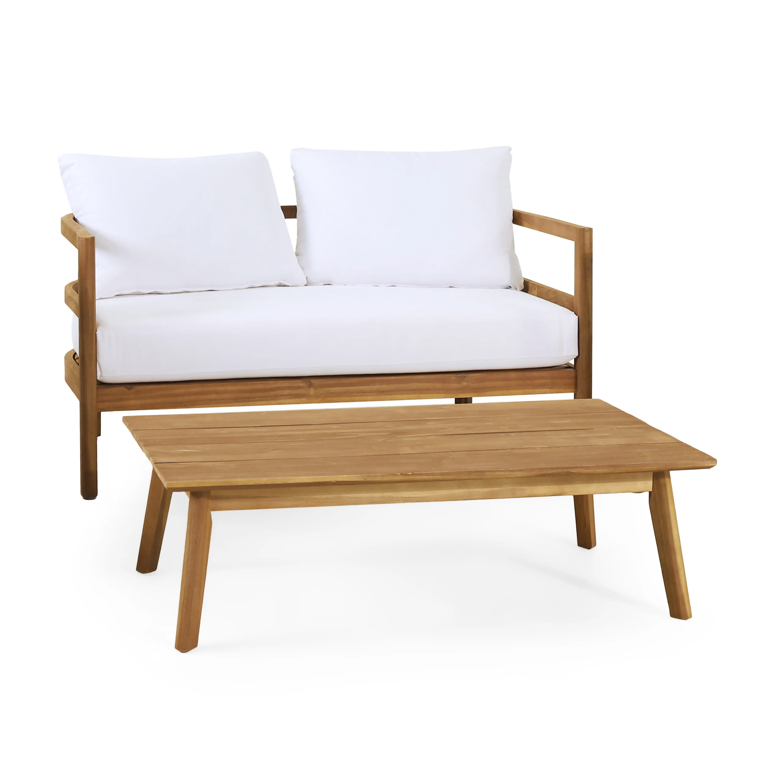 Aggie Outdoor Acacia Wood Loveseat and Coffee Table Set, Teak and White - furnishings
