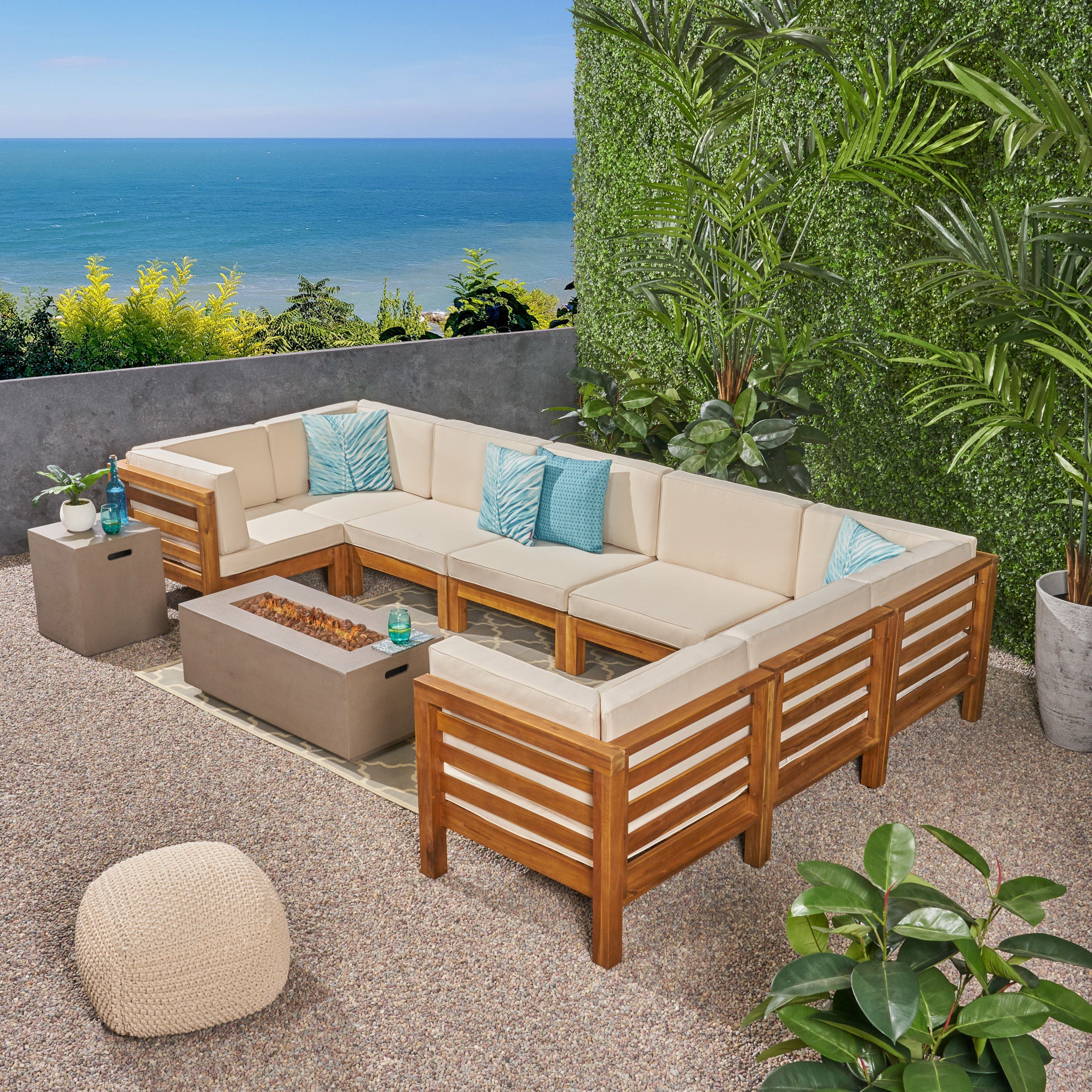 Ravello Outdoor U-Shaped Sectional Sofa Set with Fire Pit - furnishings