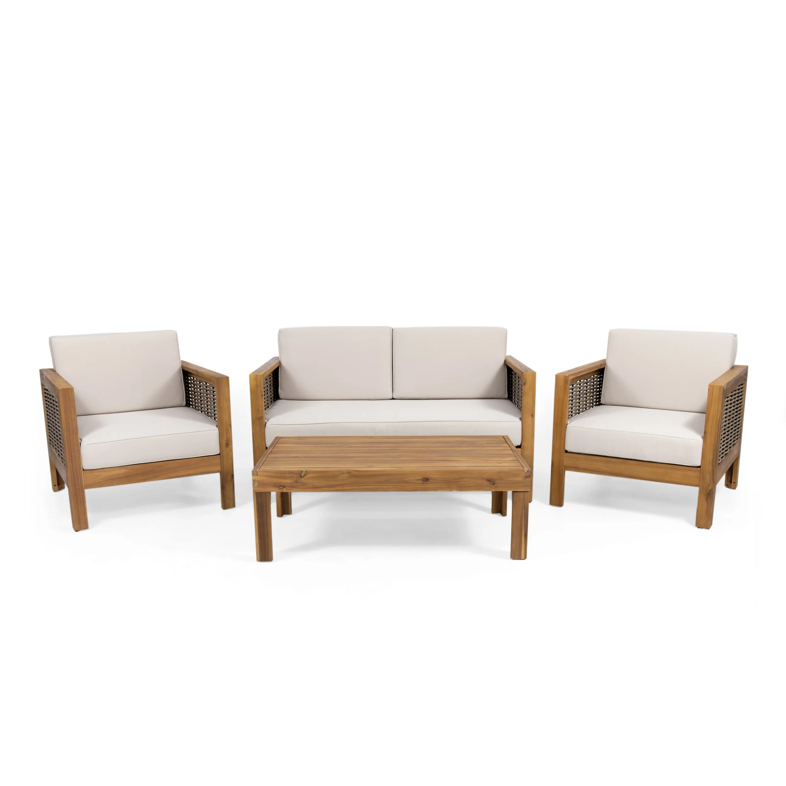 Mayes Outdoor 4 Seater Acacia Wood Chat Set with Wicker Accents - furnishings