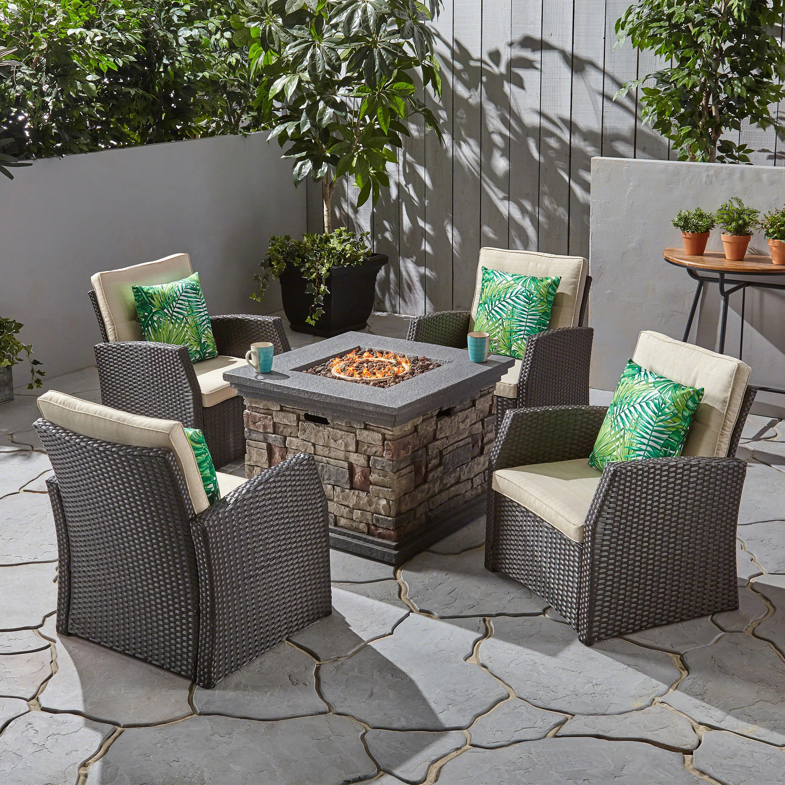 Brier Outdoor 4 Seater Wicker Chat Set with Fire Pit - furnishings
