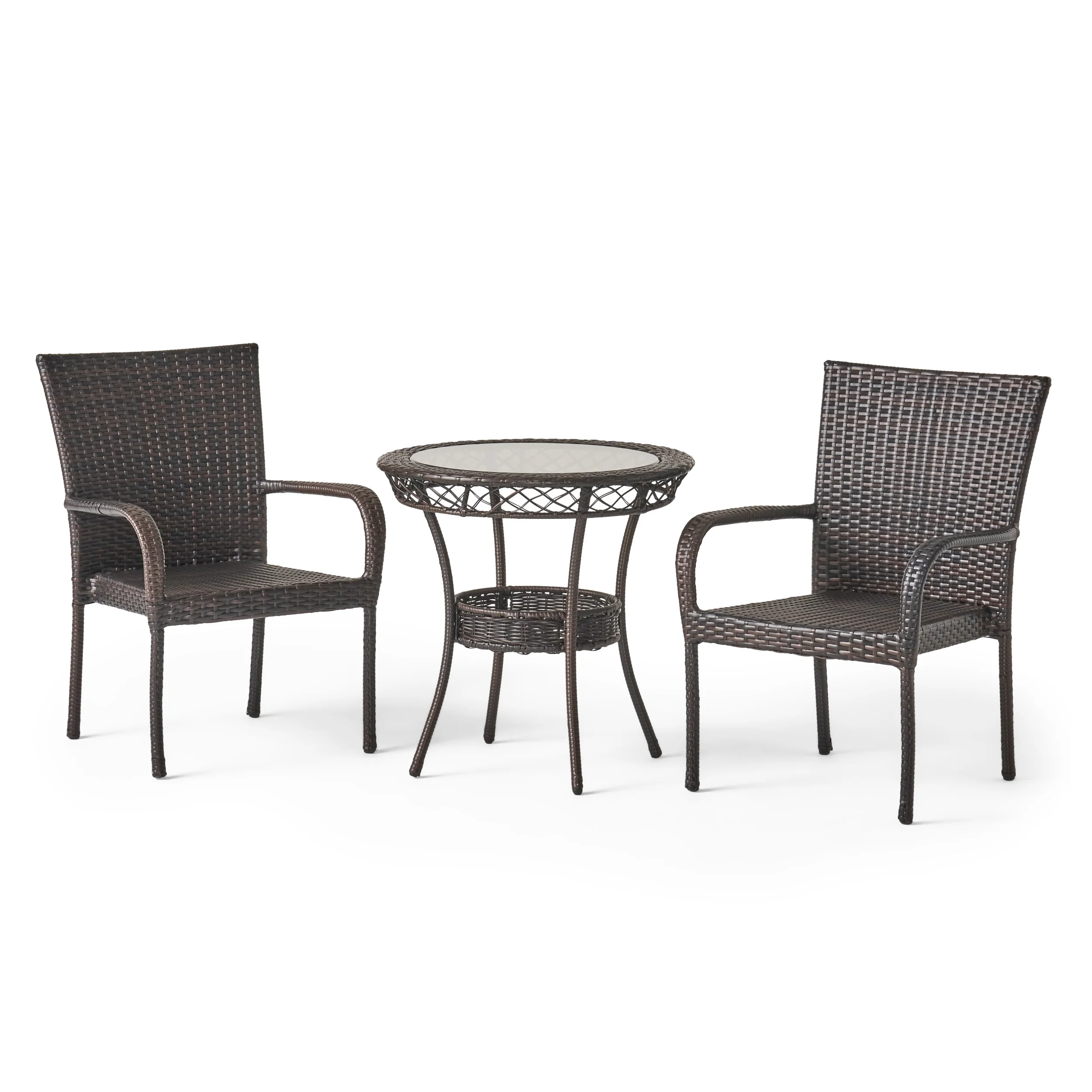Ferndale Outdoor 3-Piece Multi-Brown Wicker Bistro Set with Tempered Glass Top - furnishings