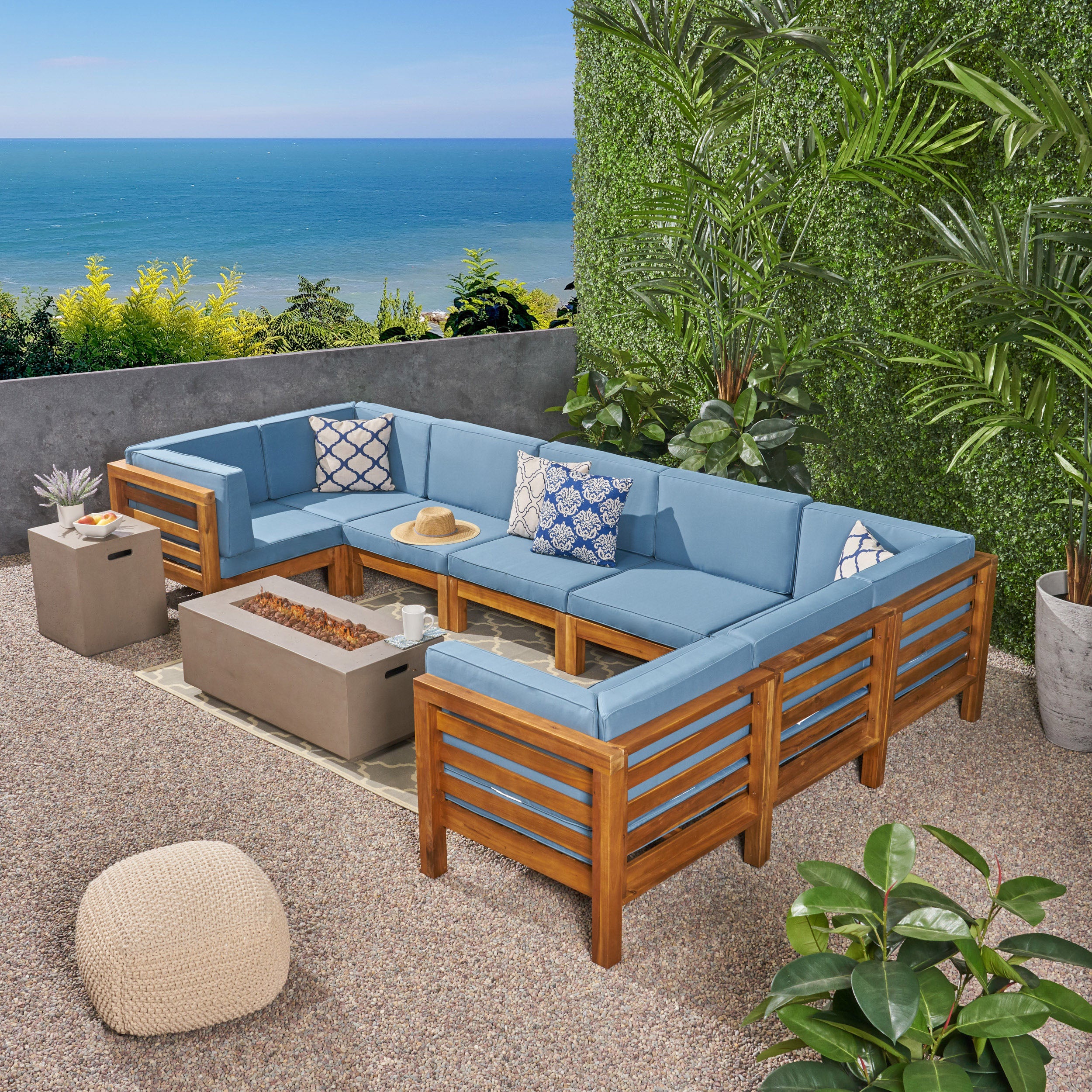 Ravello Outdoor U-Shaped Sectional Sofa Set with Fire Pit - furnishings