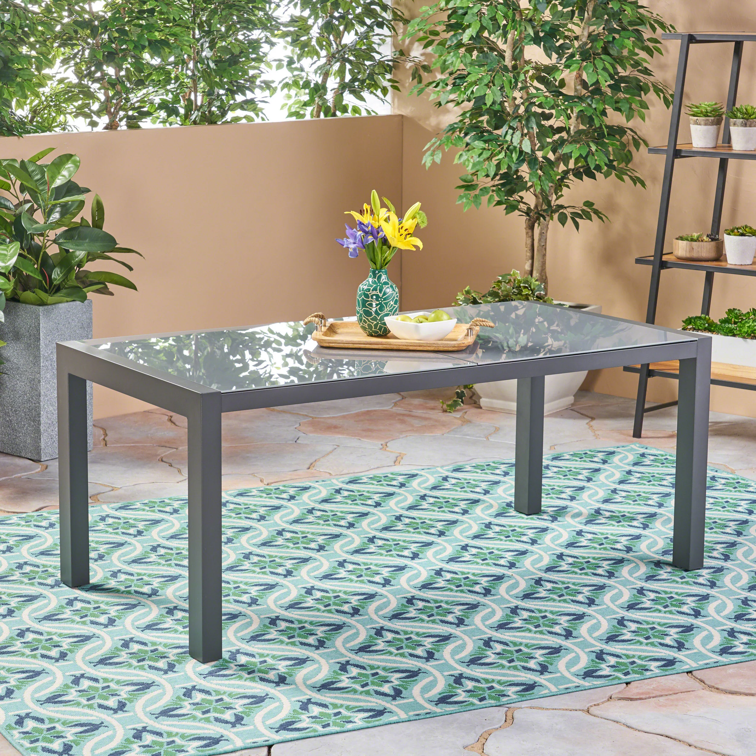 Eli Outdoor Tempered Glass Dining Table with Aluminum Frame - furnishings