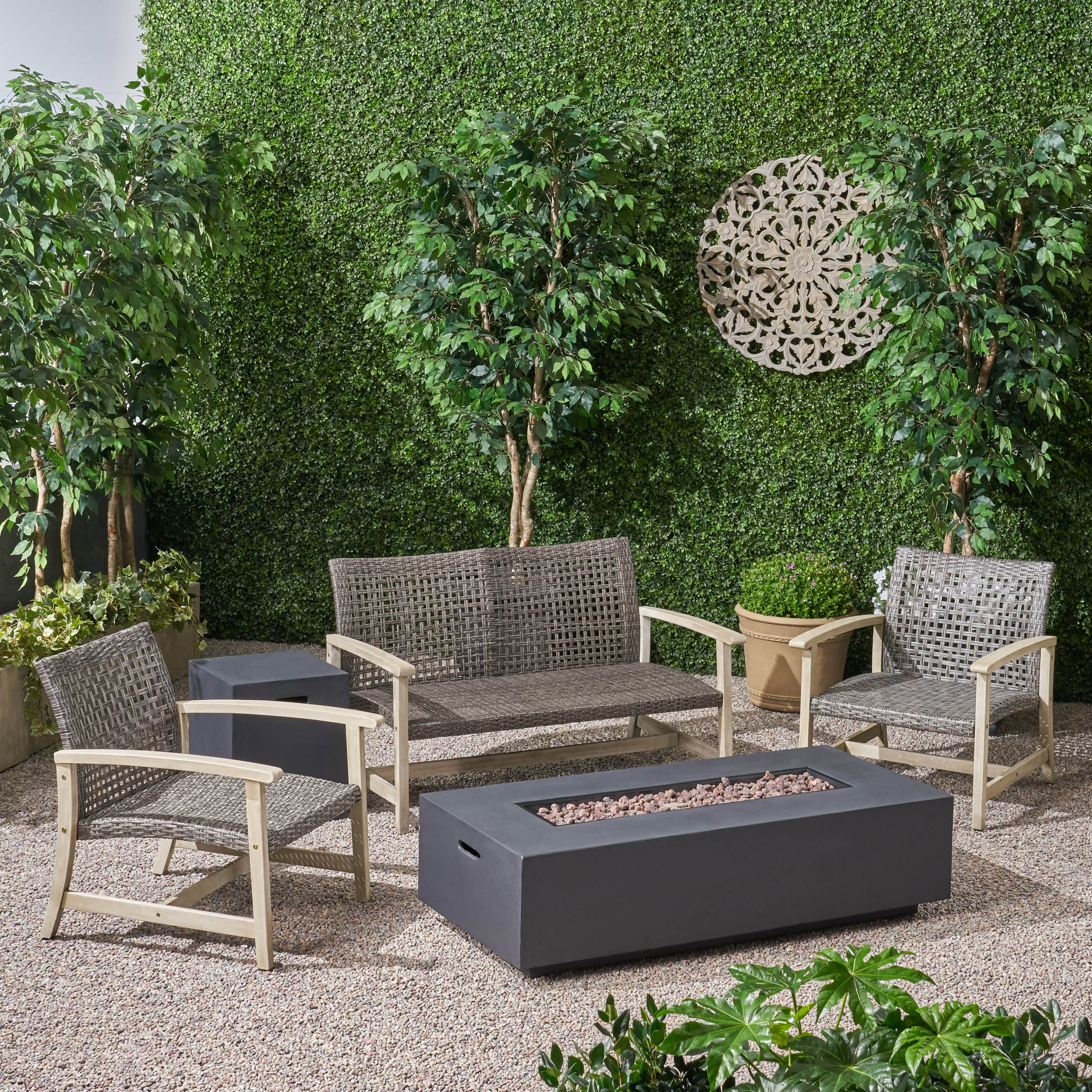 Tabby Outdoor 5 Piece Wood and Wicker Chat Set with Fire Pit - furnishings