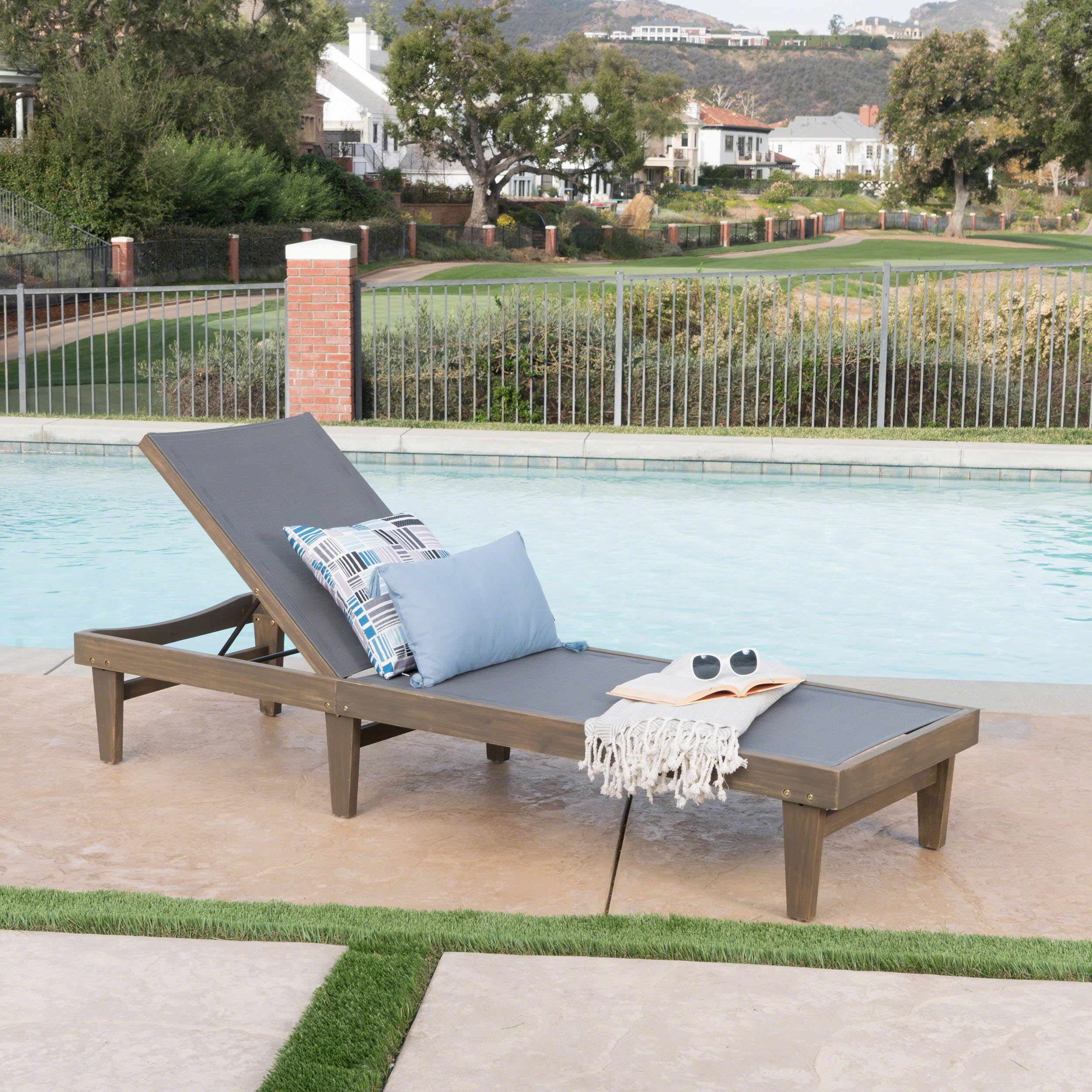 Della Outdoor Mesh Chaise Lounge with Acacia Wood Frame - furnishings