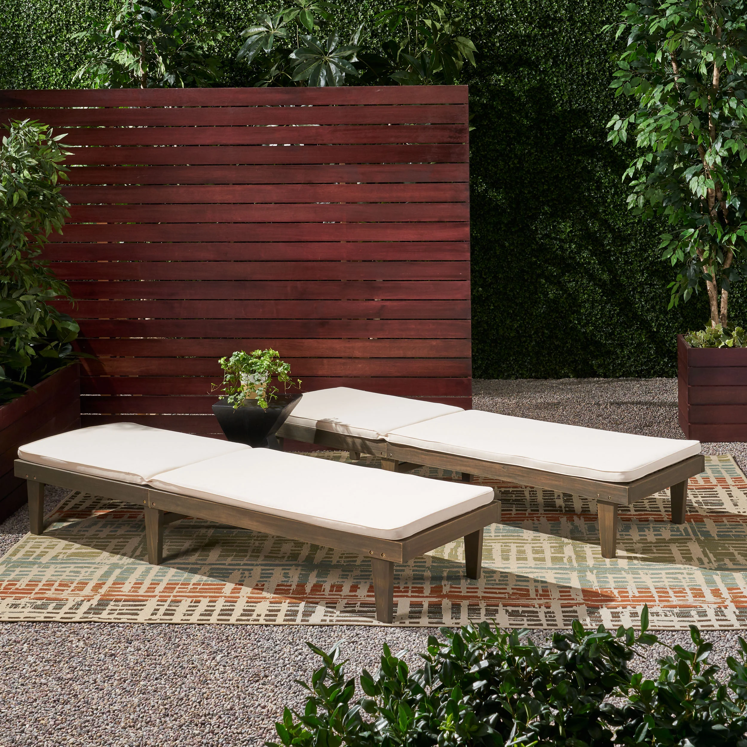 Nadine Outdoor Modern Acacia Wood Chaise Lounge with Cushion (Set of 2) - furnishings