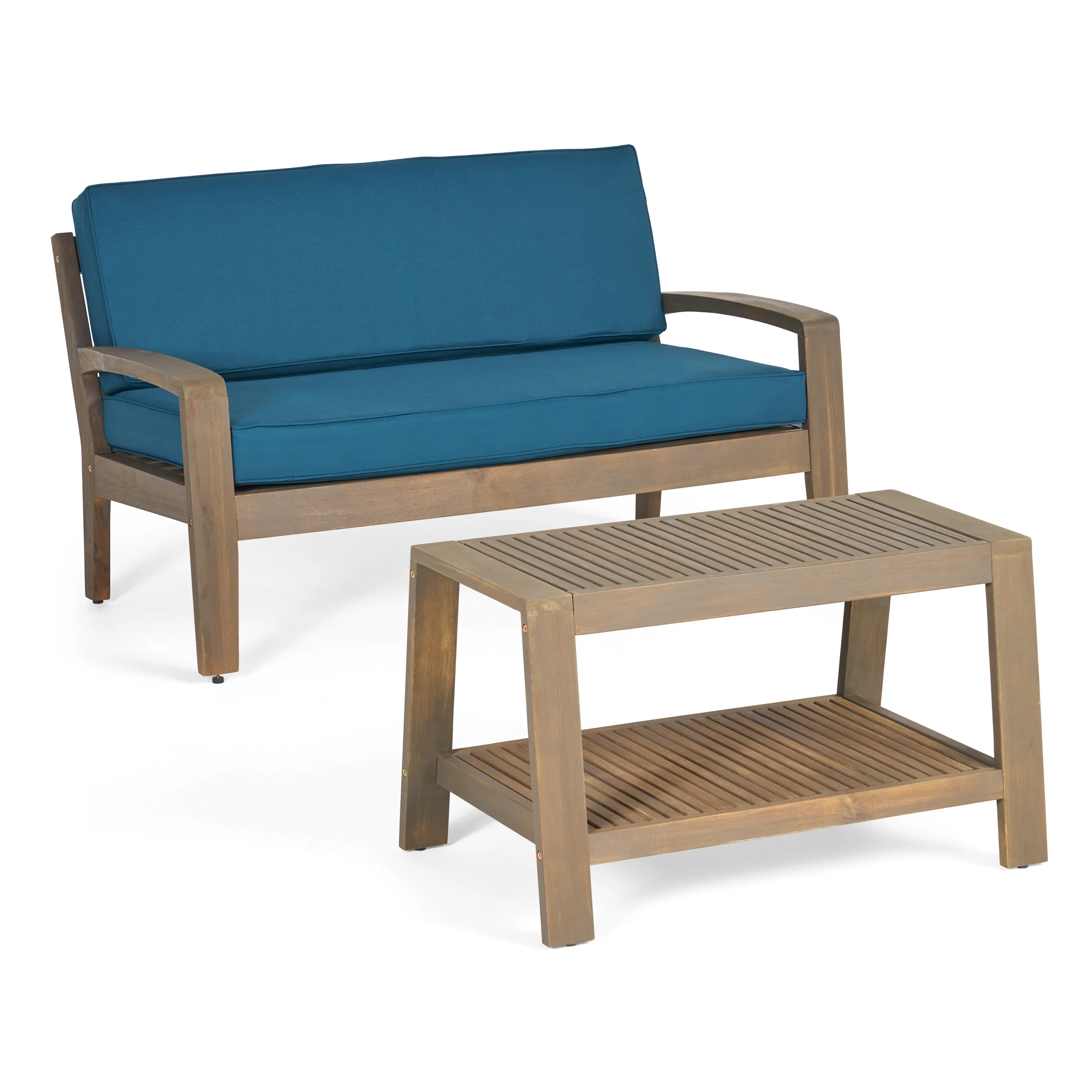 Parma Outdoor Acacia Wood Loveseat and Coffee Table Set with Cushions - furnishings