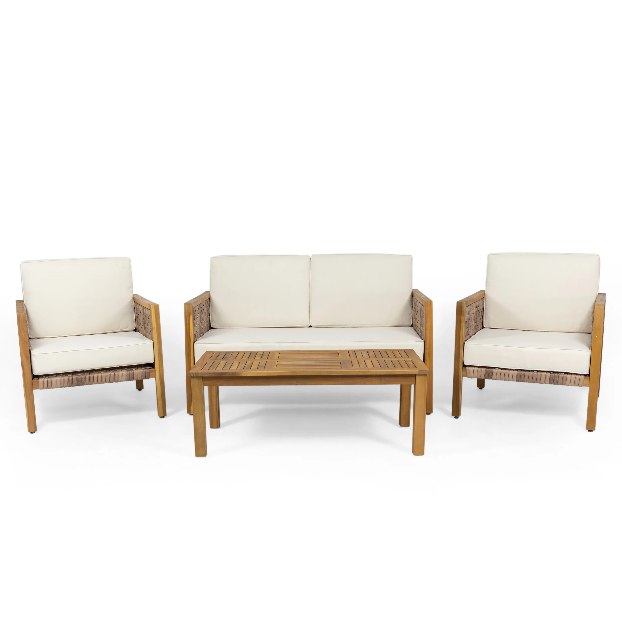 Maycen Outdoor 4 Seater Acacia Wood Chat Set with Wicker Accents - furnishings