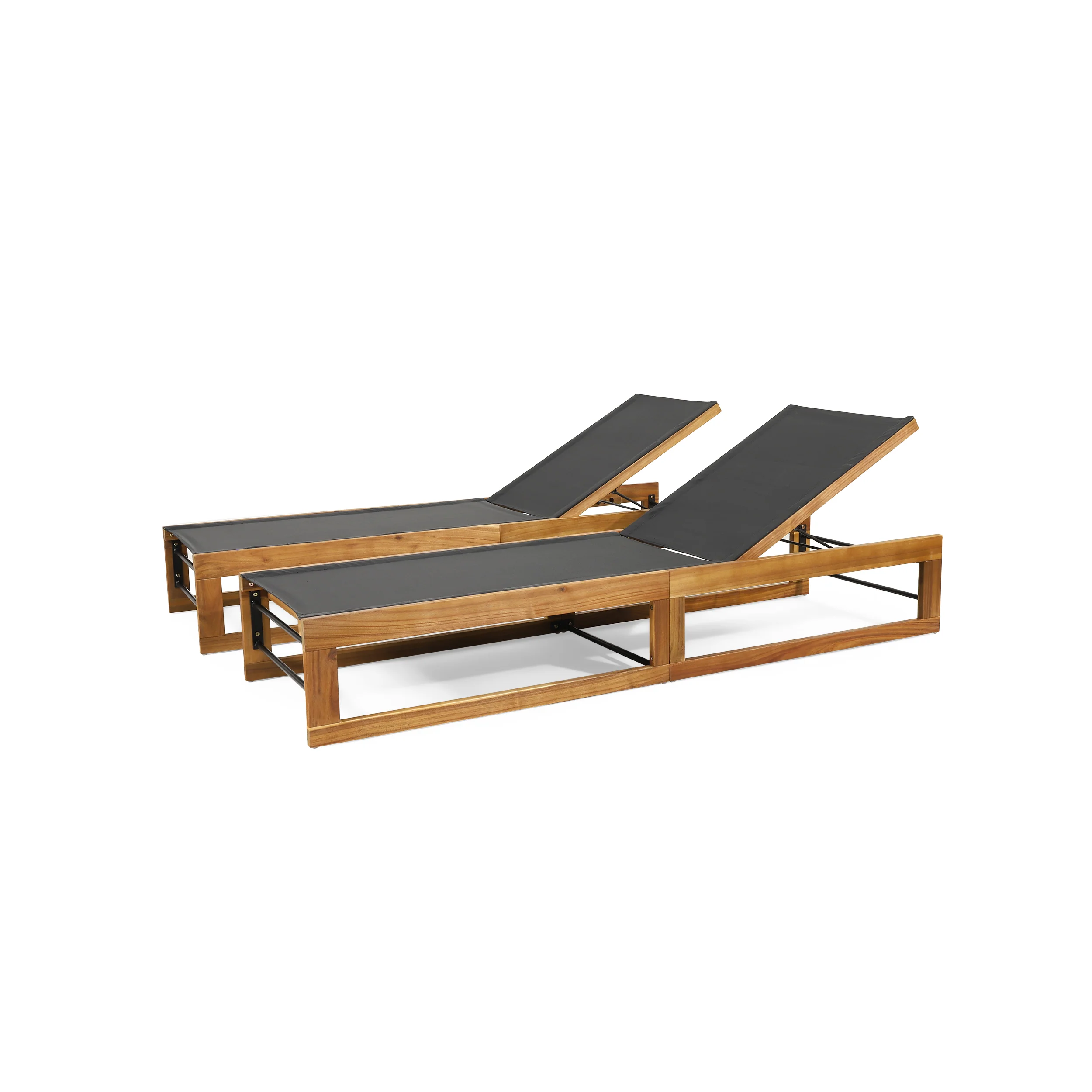 Leavitt Outdoor Mesh and Wood Adjustable Chaise Lounges, Set of 2, Black and Teak - furnishings